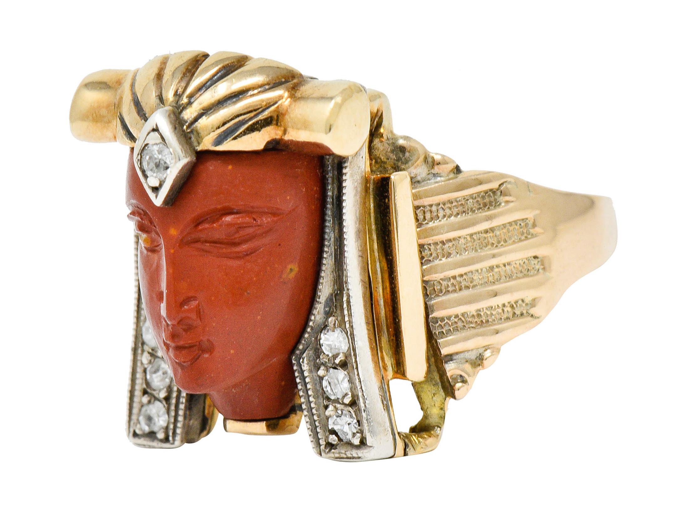 1920s Egyptian Revival Diamond Jasper Platinum 14 Karat Gold Pharaoh Ring In Excellent Condition In Philadelphia, PA