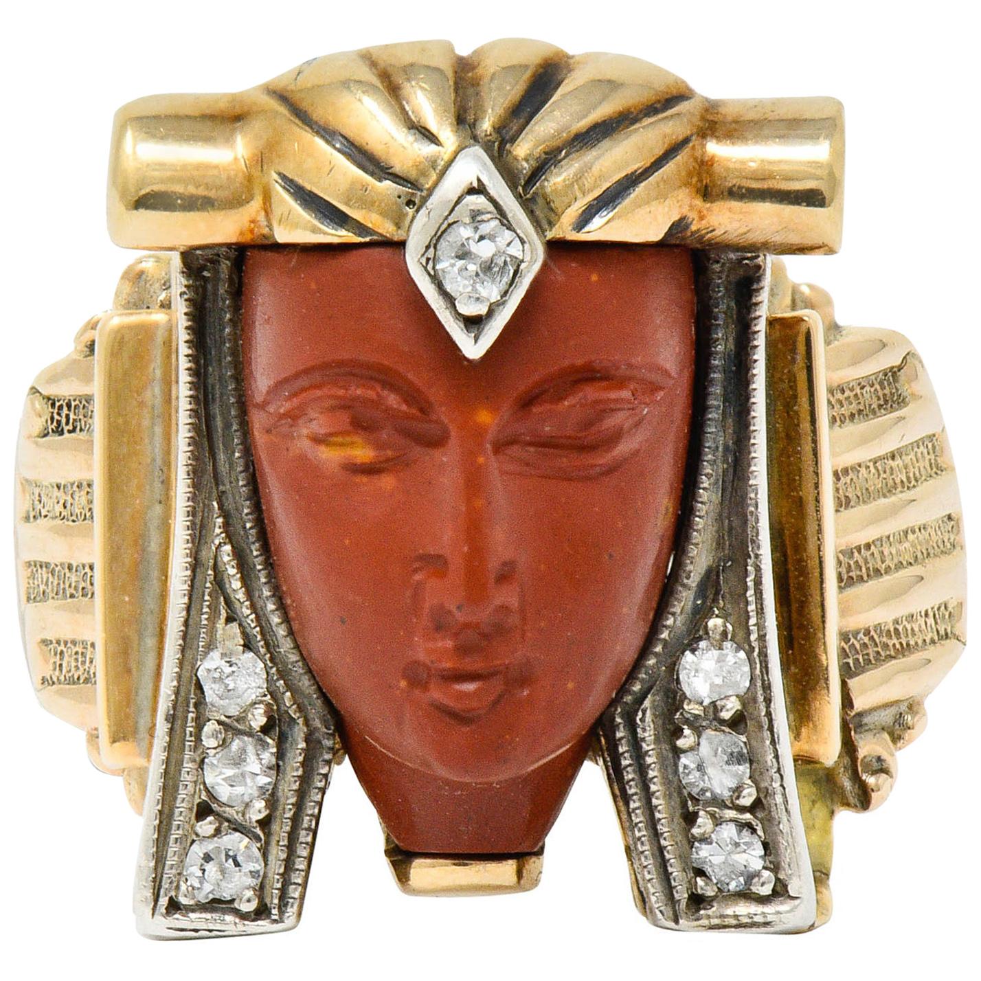 1920s Egyptian Revival Diamond Jasper Platinum 14 Karat Gold Pharaoh Ring