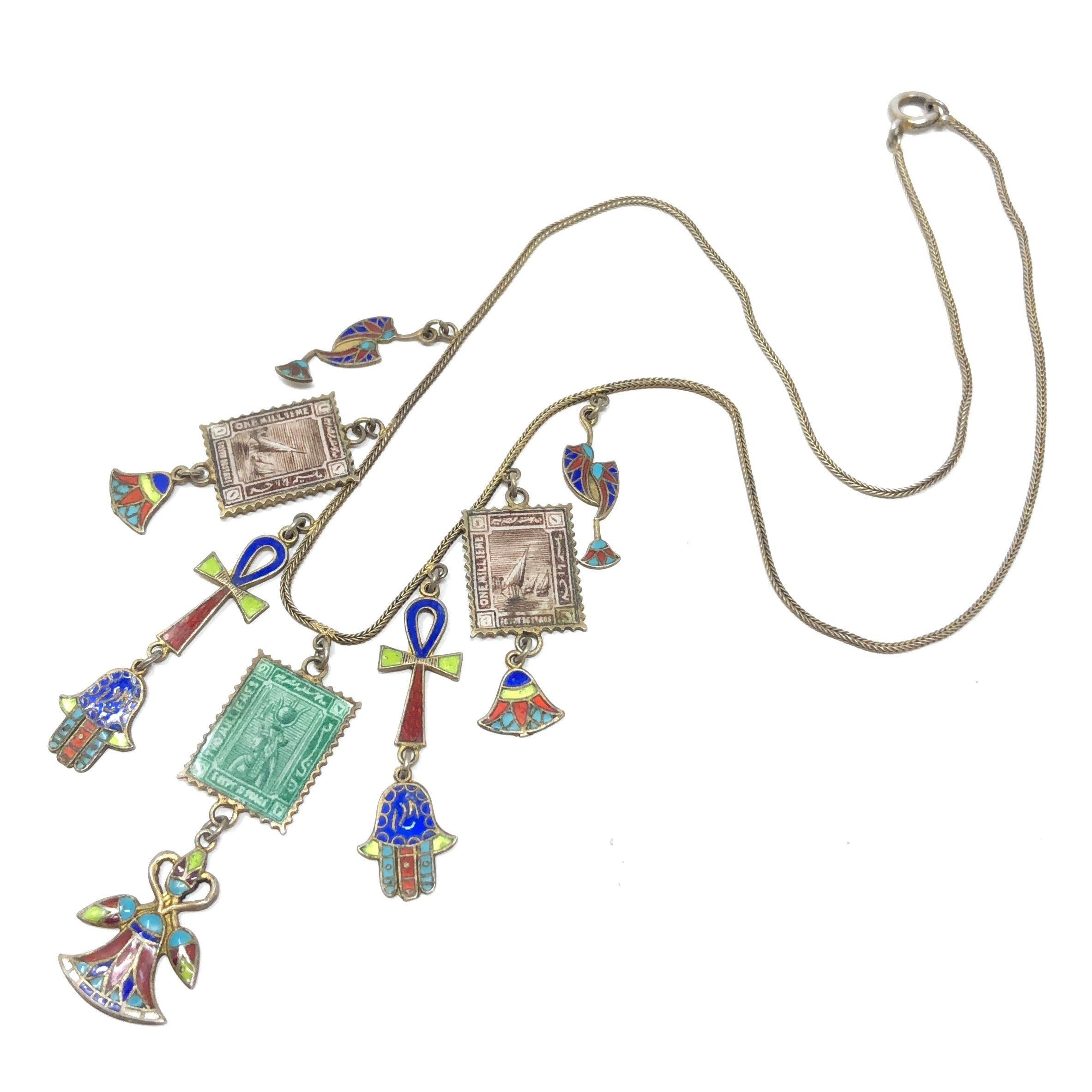 1920s Egyptian Revival Silver Gilt and Enamel Vintage Charms Necklace In Good Condition For Sale In Skelmersdale, GB