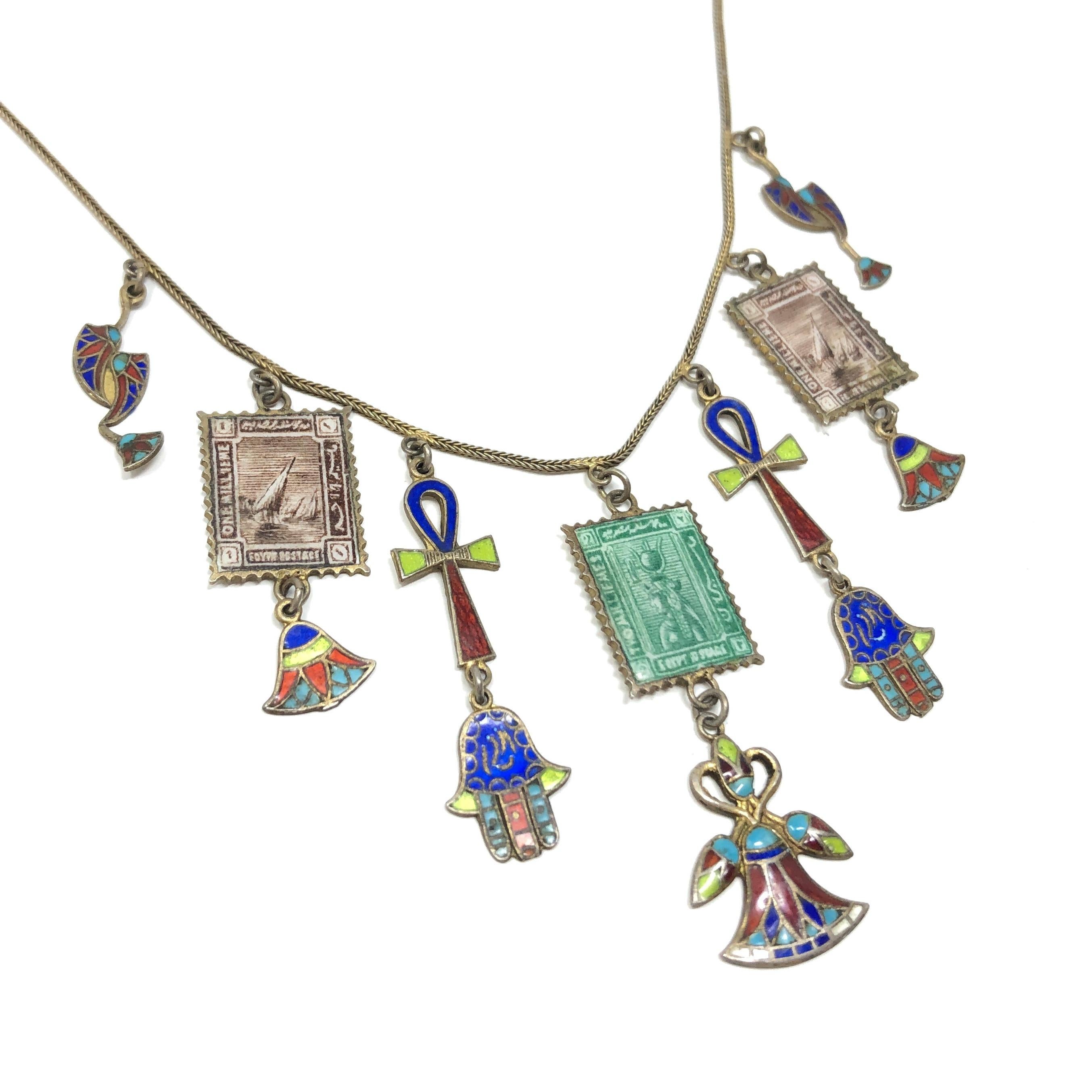 Women's 1920s Egyptian Revival Silver Gilt and Enamel Vintage Charms Necklace For Sale