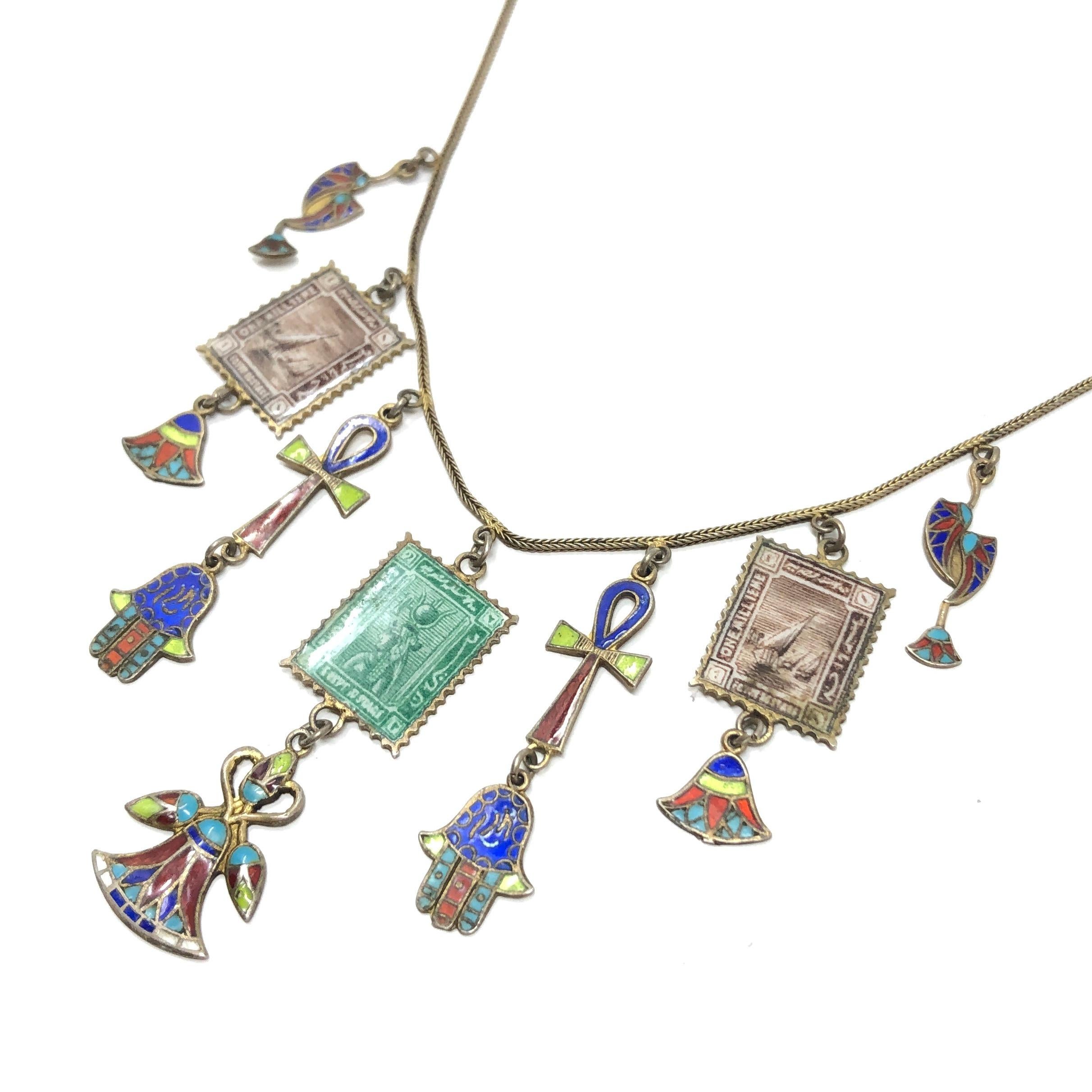 1920s Egyptian Revival Silver Gilt and Enamel Vintage Charms Necklace For Sale 1