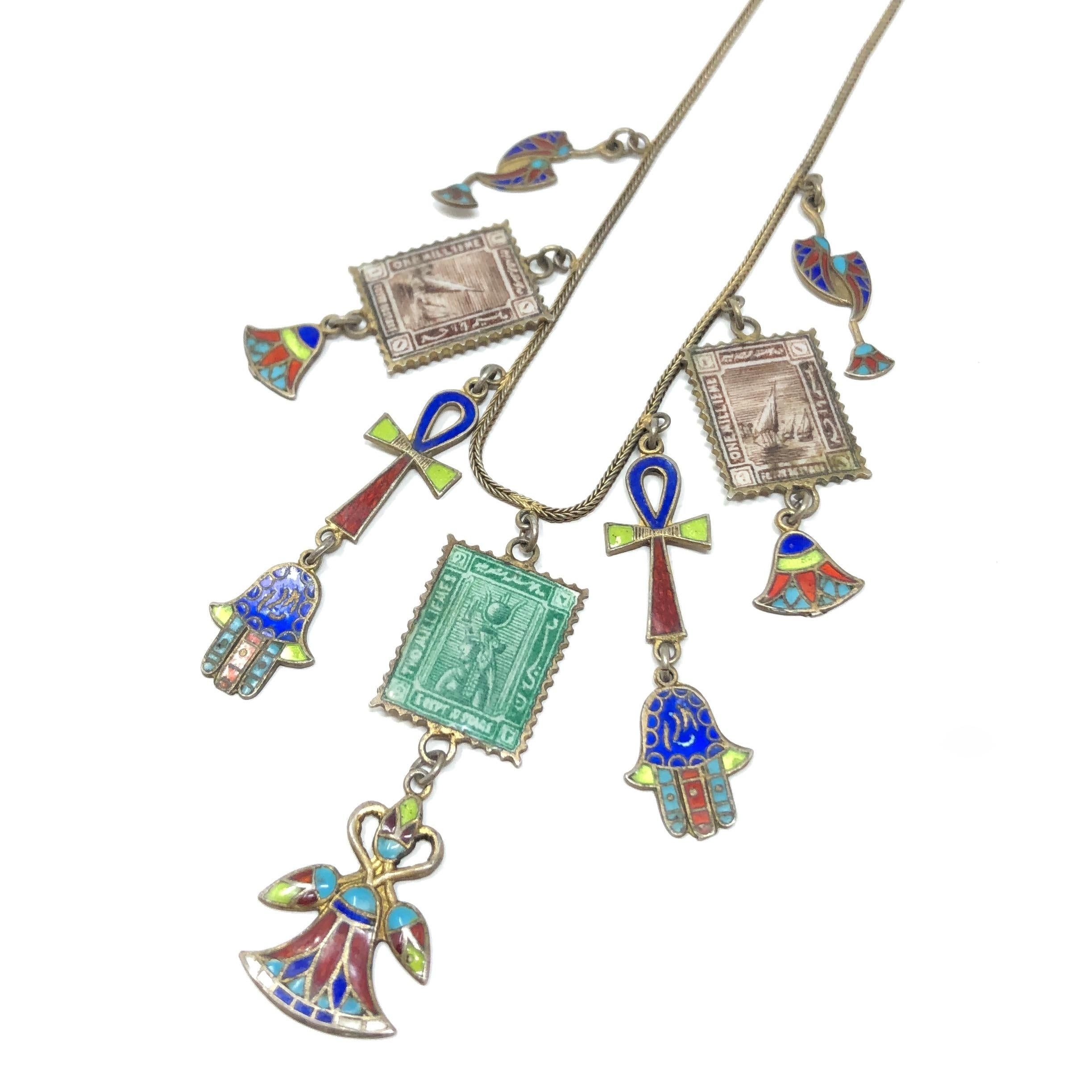 1920s Egyptian Revival Silver Gilt and Enamel Vintage Charms Necklace For Sale 2