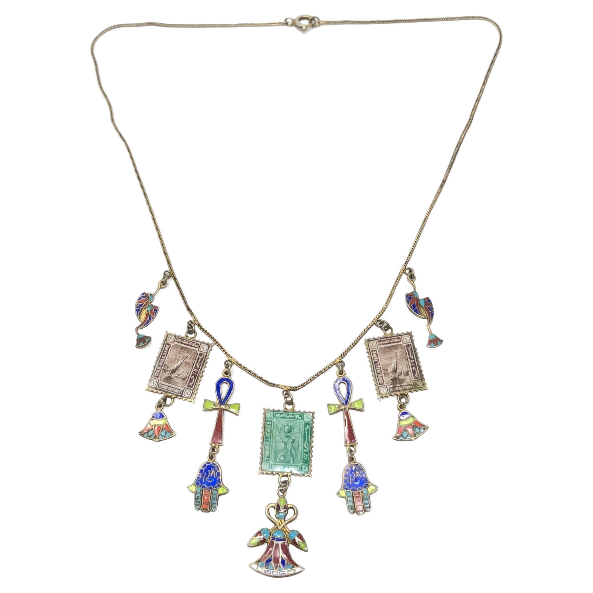 1920s Egyptian Revival Silver Gilt and Enamel Vintage Charms Necklace For Sale