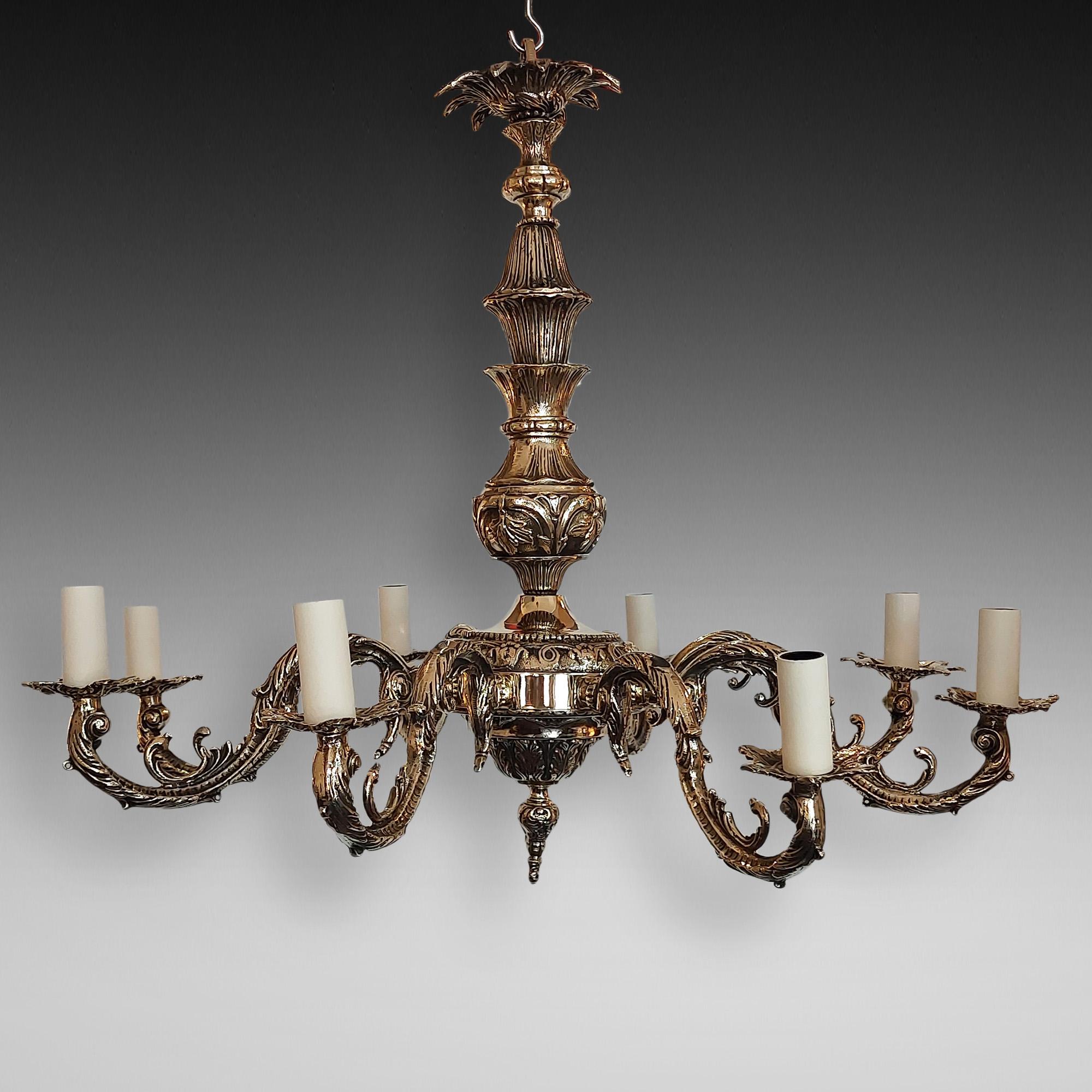 1920's Eight Branch Brass Chandelier with Cast Acanthus Leaf Mounts en vente 9