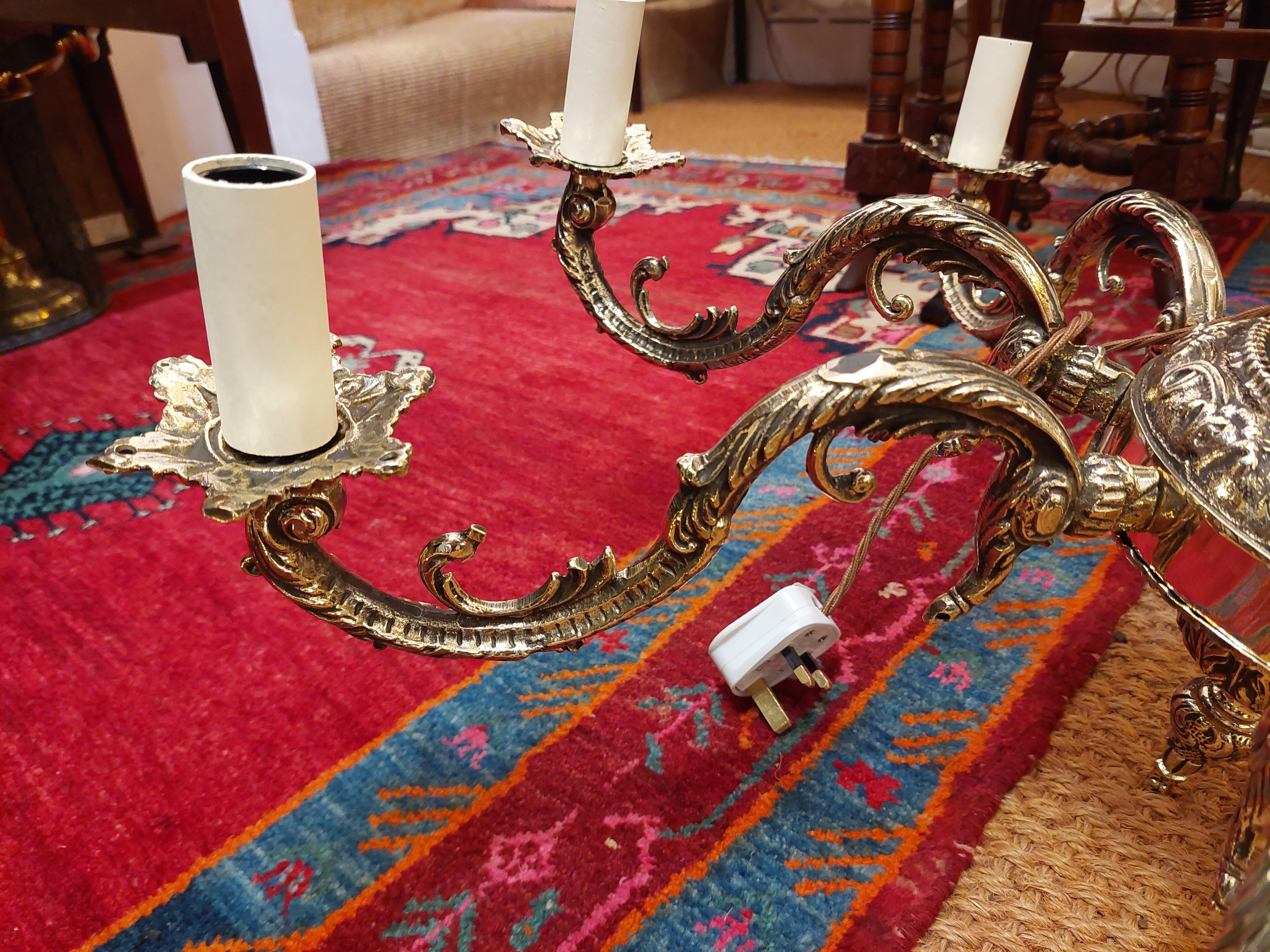 1920's Eight Branch Brass Chandelier with Cast Acanthus Leaf Mounts - 26