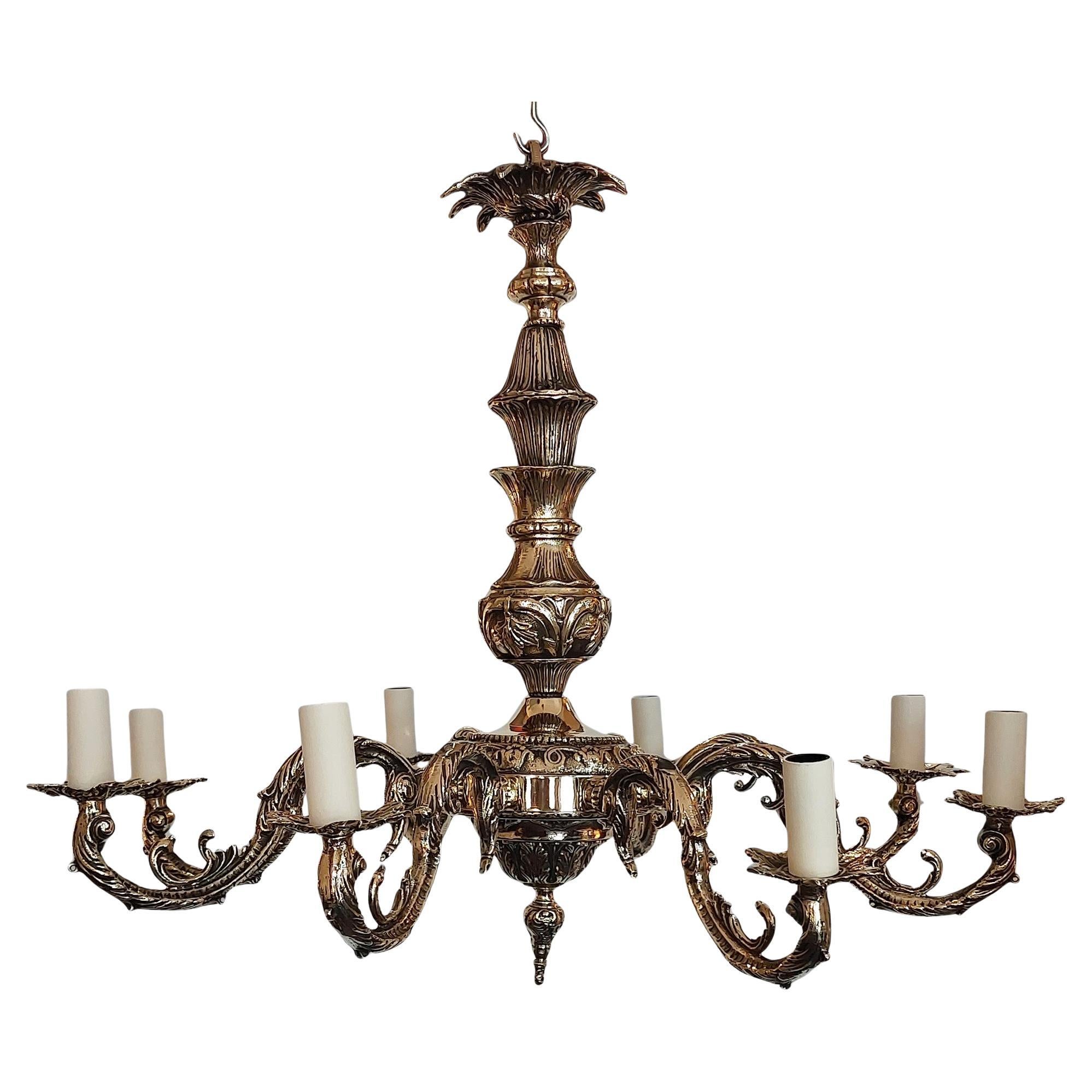 1920's Eight Branch Brass Chandelier with Cast Acanthus Leaf Mounts