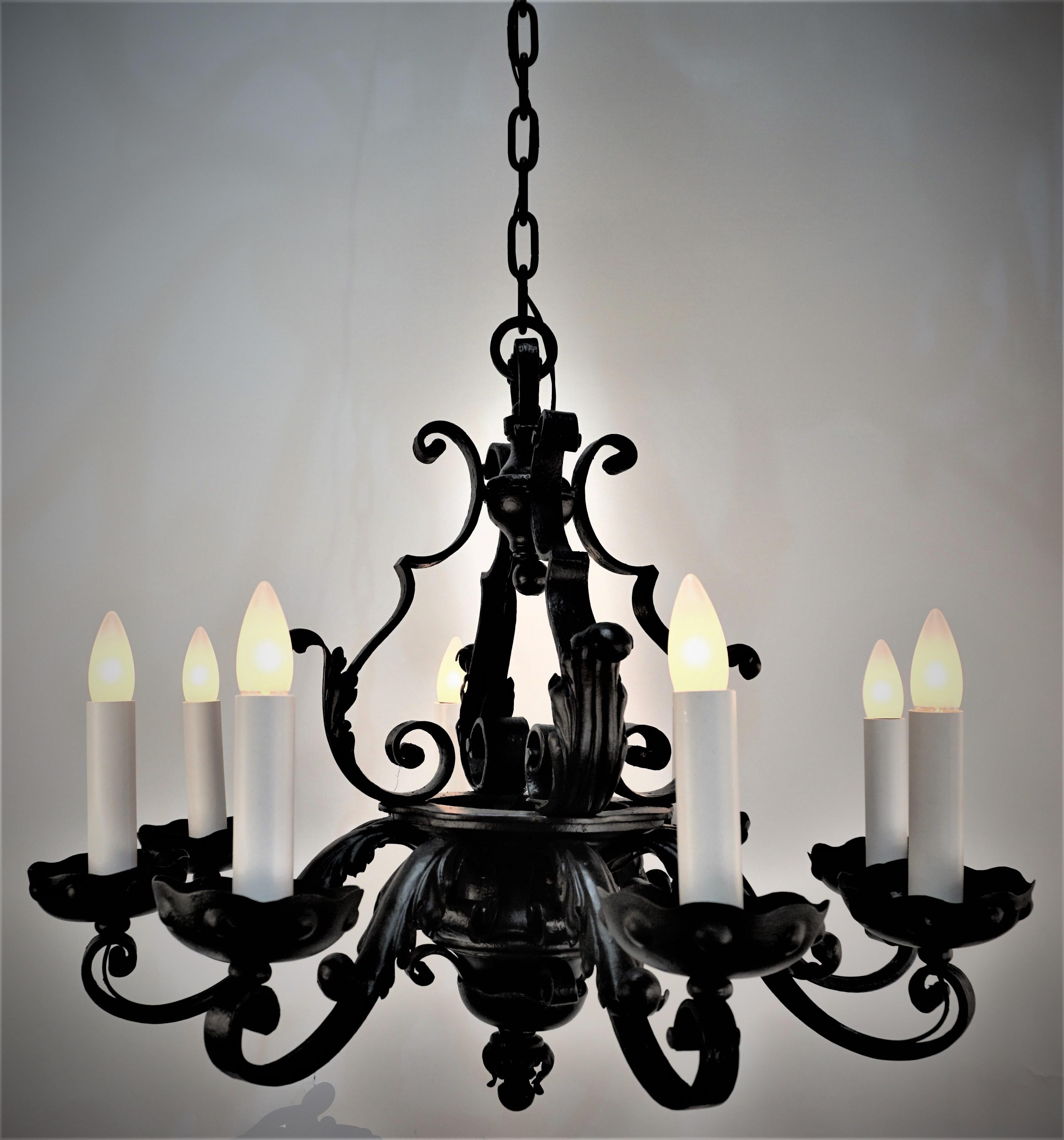 French 1920's Eight Light Iron Chandelier For Sale