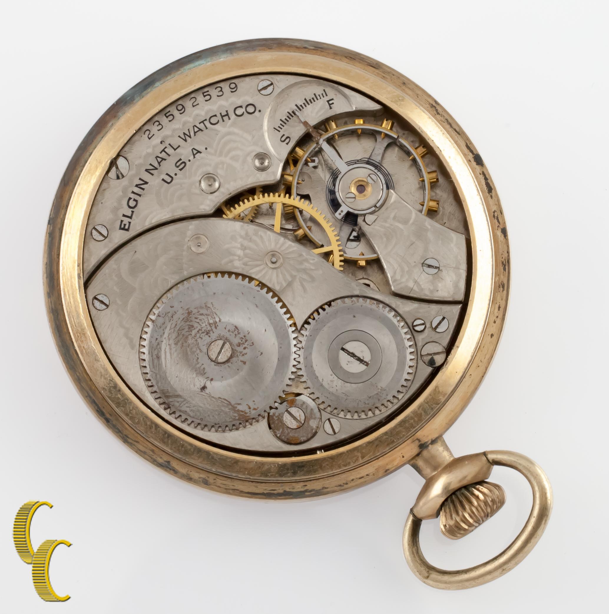 Reloj de bolsillo antiguo de esfera abierta Elgin de los años 20, tamaño 12 Art Nouveau en venta