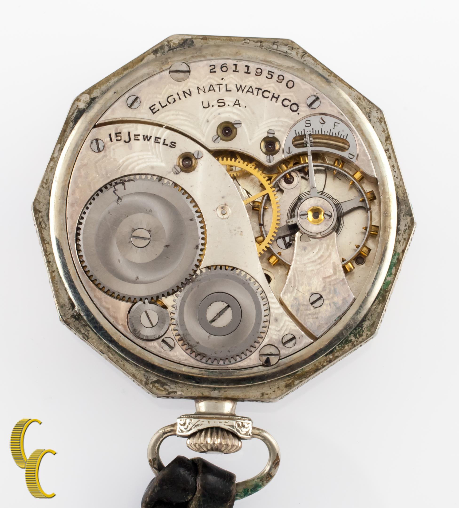 Reloj de bolsillo de esfera abierta Elgin de oro de 1920, tamaño 12S Art Decó en venta