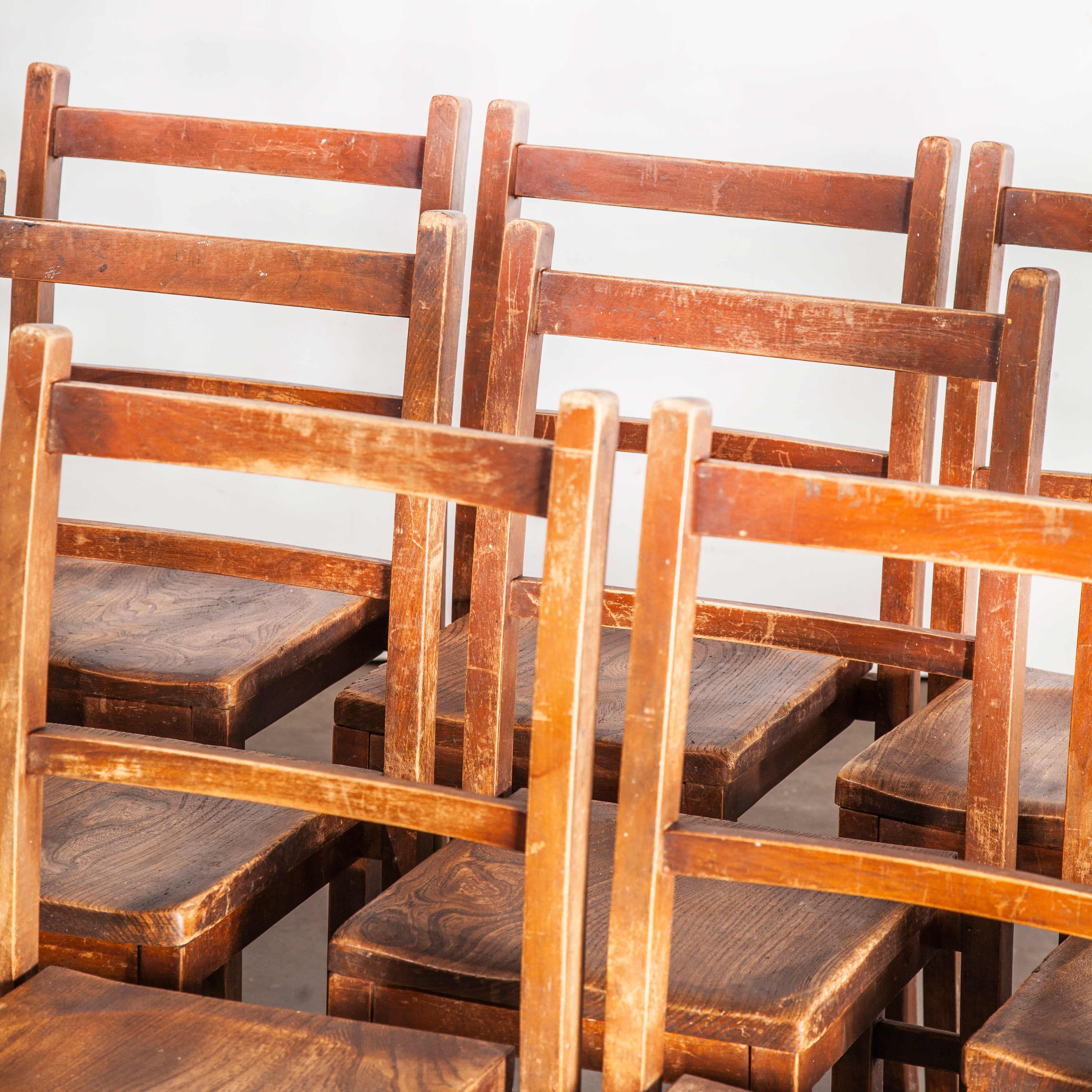 1920s elm chapel/church stacking dining chairs - good quantities available. It’s hard to date them precisely but we reckon these are church chairs from the 1920s. We have never seen them before and the clues to their age are the construction and