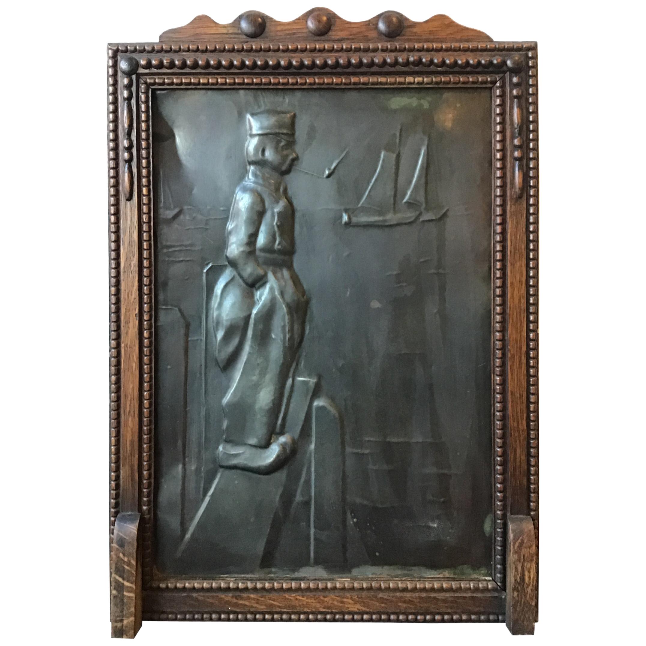 1920s Embossed Tin Plaque of Dutch Sailor in Wood Frame