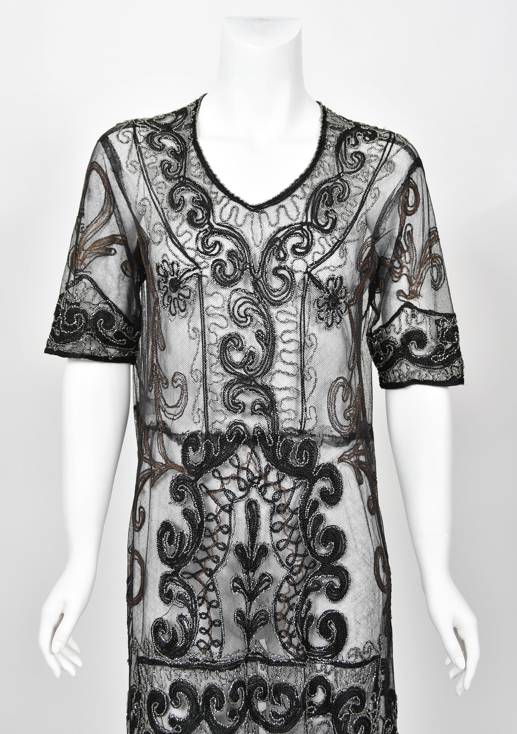 1920's Embroidered Black Sheer Mixed-Lace Beaded Art Deco Motif Flapper Dress For Sale 4