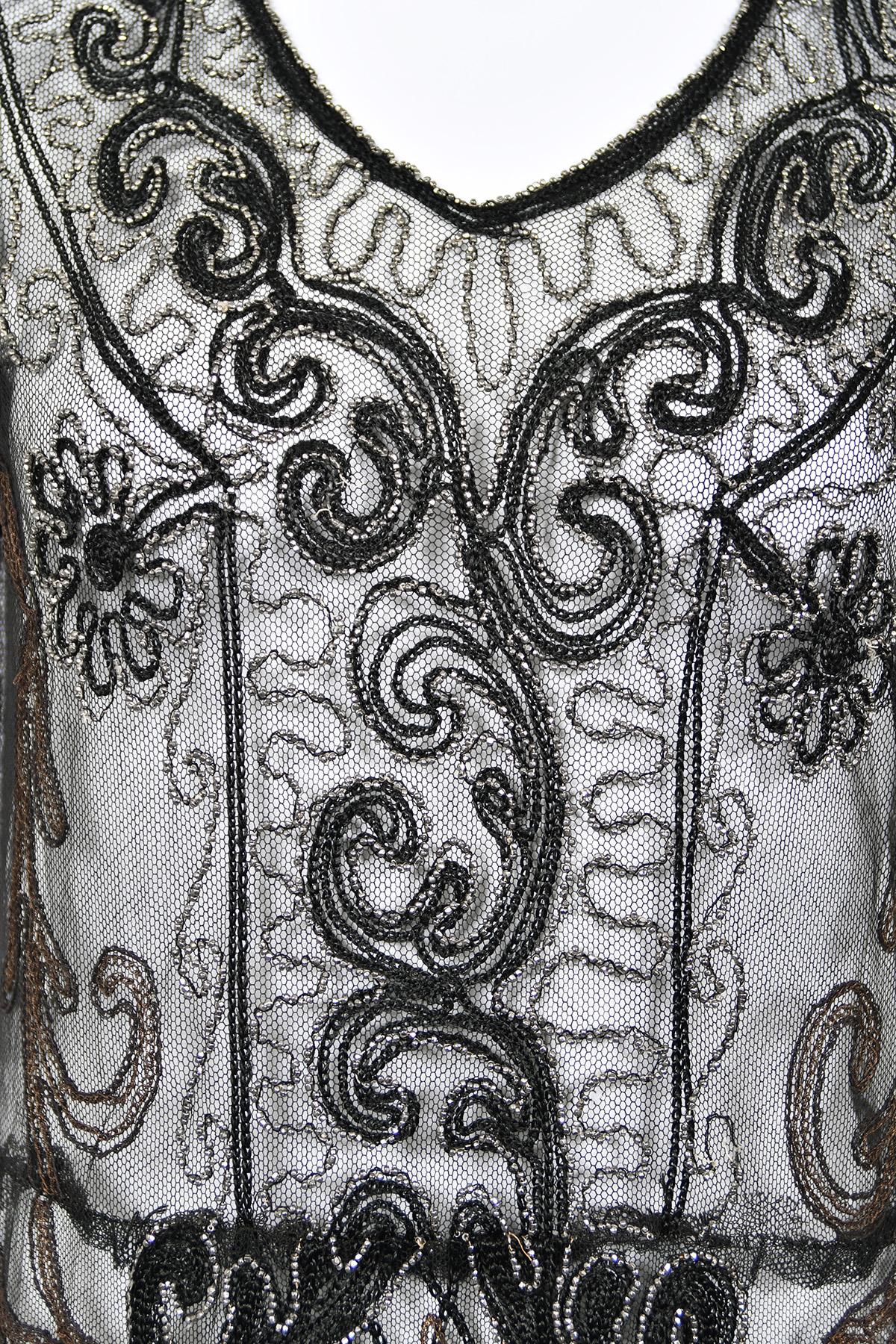 1920's Embroidered Black Sheer Mixed-Lace Beaded Art Deco Motif Flapper Dress For Sale 5