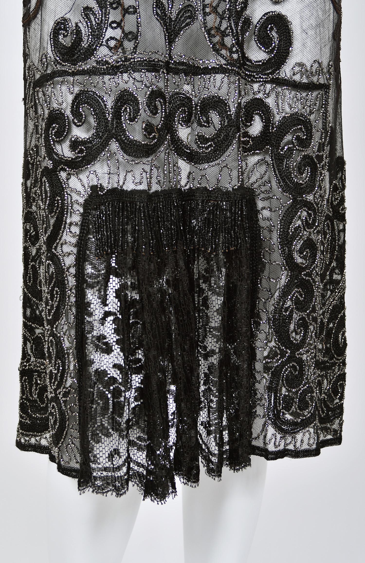 1920's Embroidered Black Sheer Mixed-Lace Beaded Art Deco Motif Flapper Dress For Sale 6