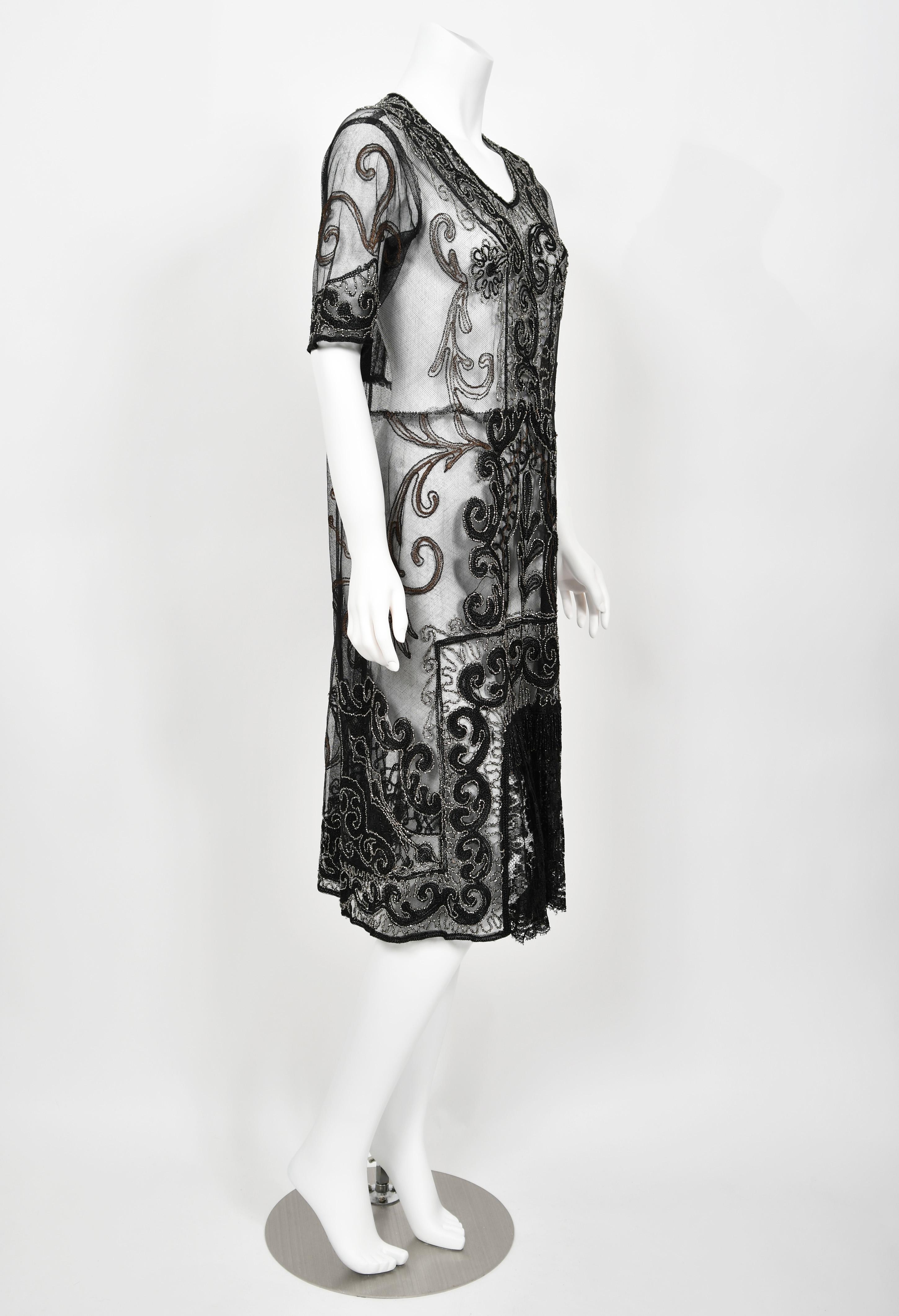 1920's Embroidered Black Sheer Mixed-Lace Beaded Art Deco Motif Flapper Dress For Sale 7