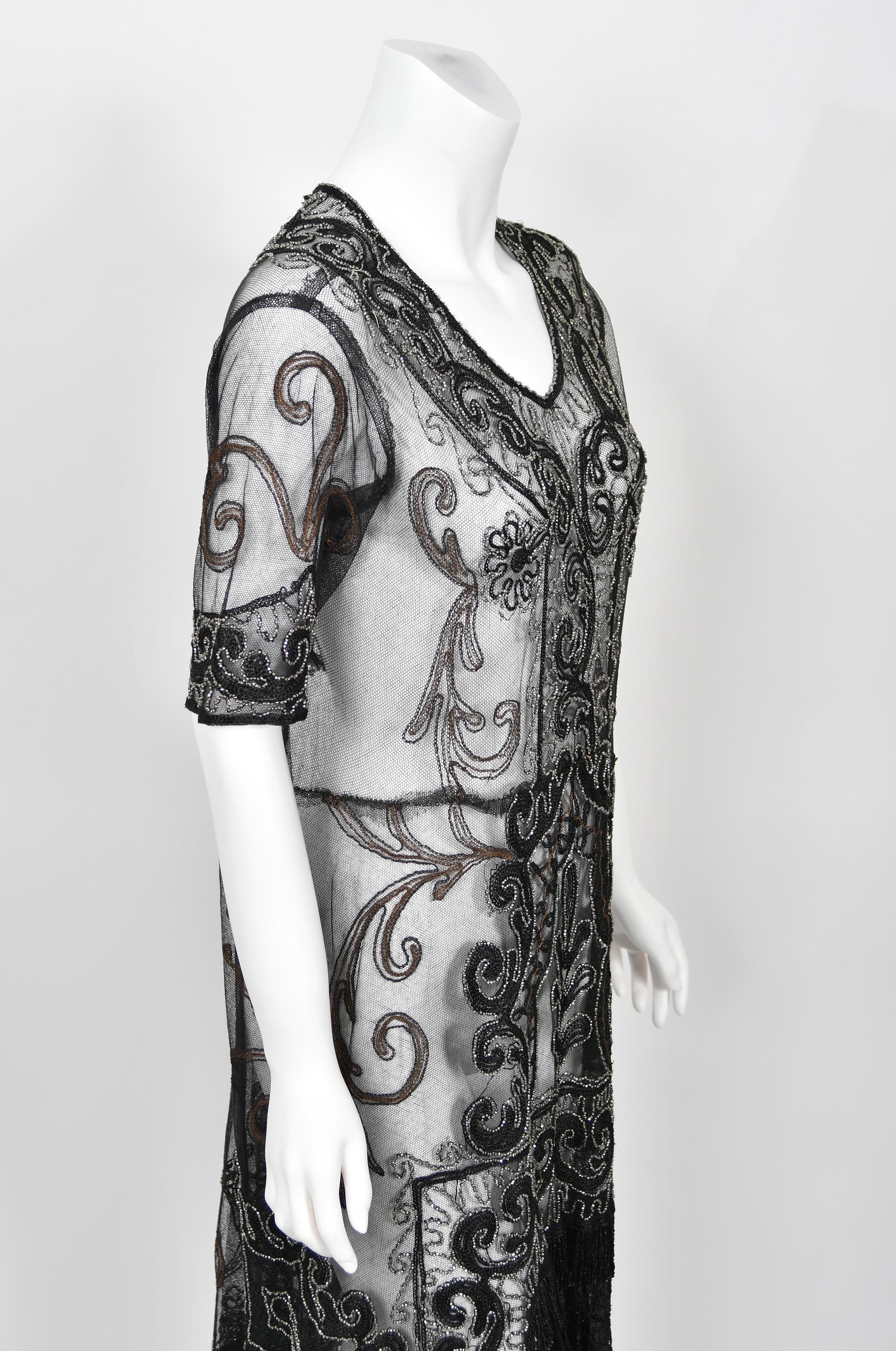 1920's Embroidered Black Sheer Mixed-Lace Beaded Art Deco Motif Flapper Dress For Sale 8