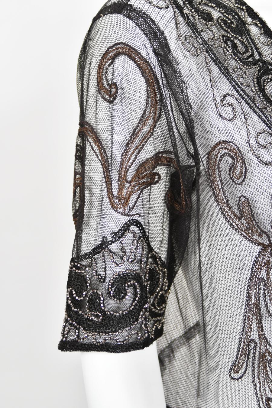 1920's Embroidered Black Sheer Mixed-Lace Beaded Art Deco Motif Flapper Dress For Sale 9