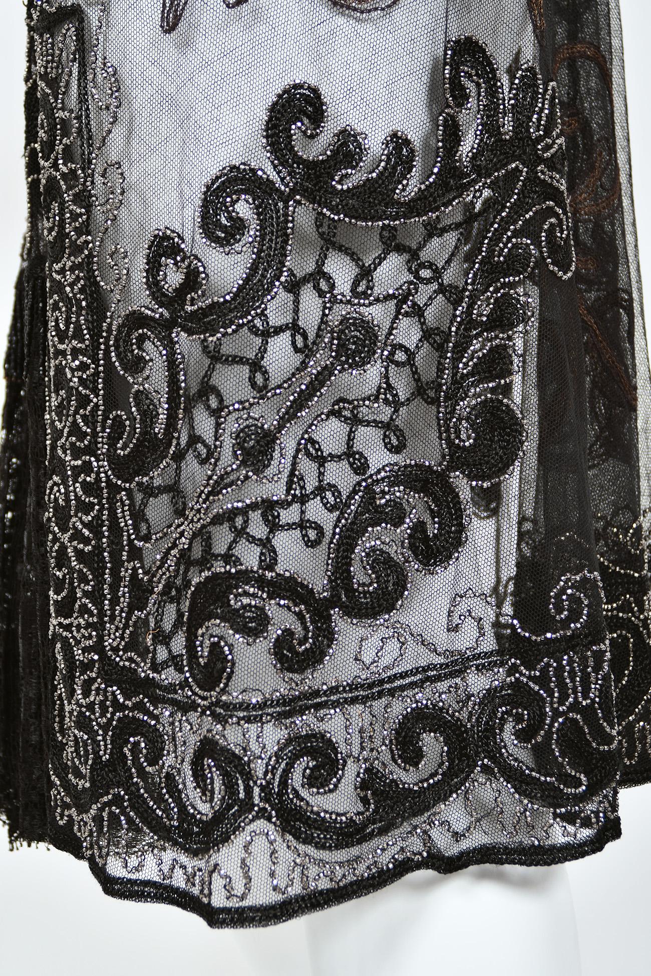 1920's Embroidered Black Sheer Mixed-Lace Beaded Art Deco Motif Flapper Dress For Sale 11