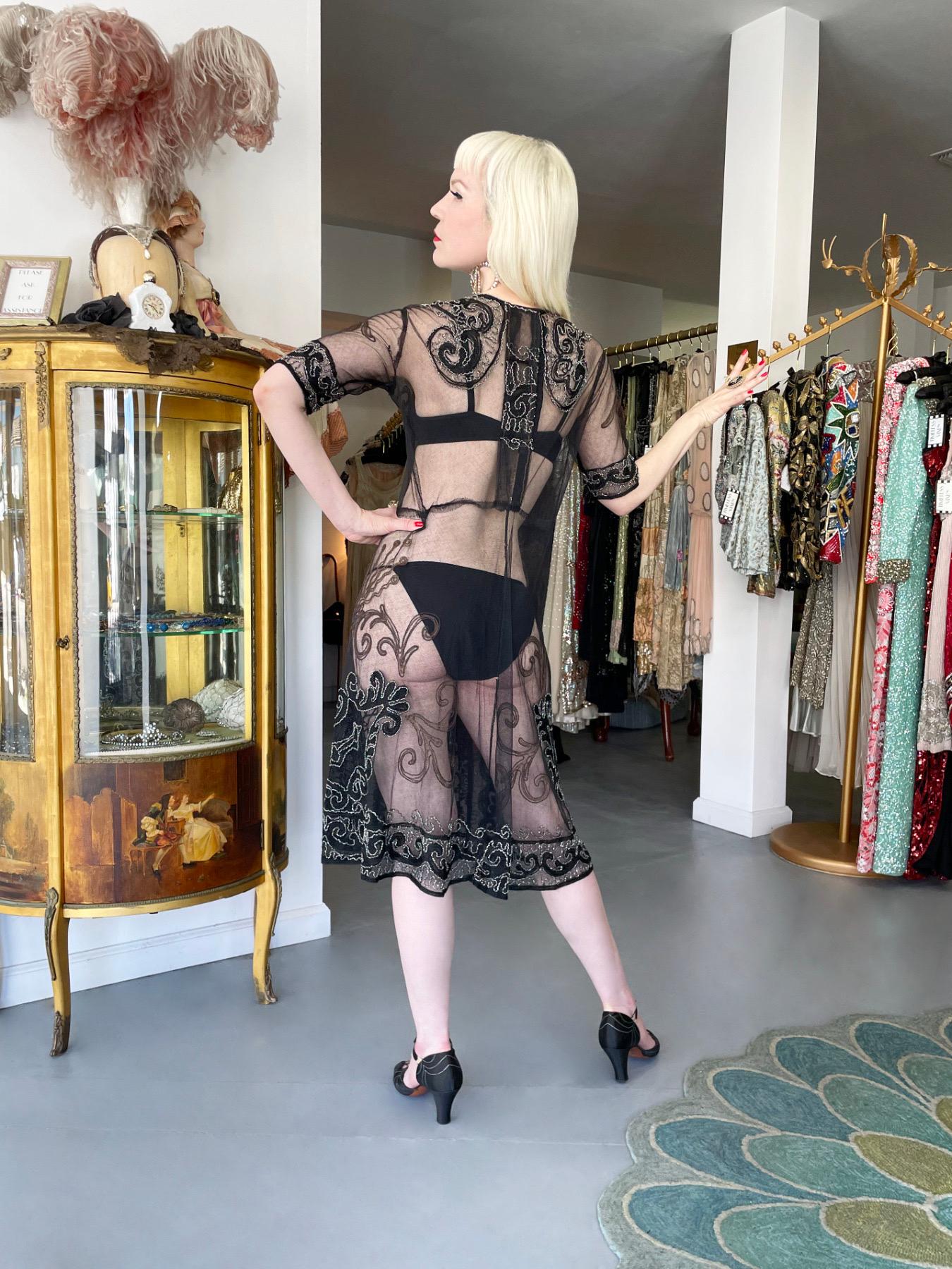 1920's Embroidered Black Sheer Mixed-Lace Beaded Art Deco Motif Flapper Dress For Sale 13