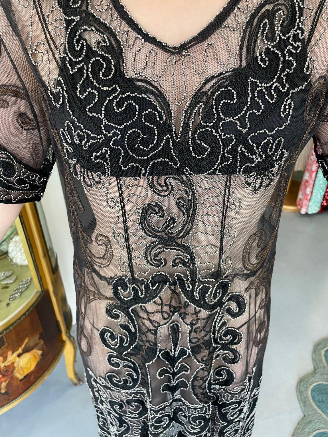 1920's Embroidered Black Sheer Mixed-Lace Beaded Art Deco Motif Flapper Dress In Good Condition For Sale In Beverly Hills, CA