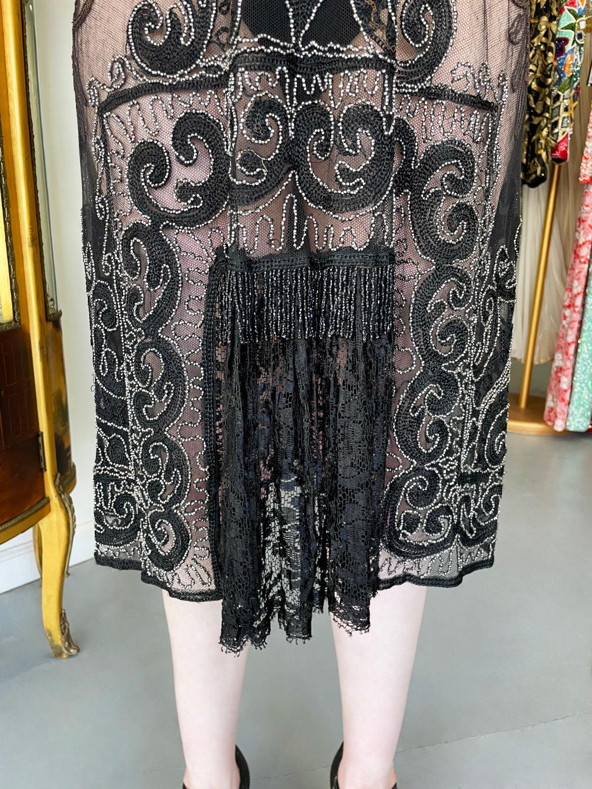1920's Embroidered Black Sheer Mixed-Lace Beaded Art Deco Motif Flapper Dress For Sale 1