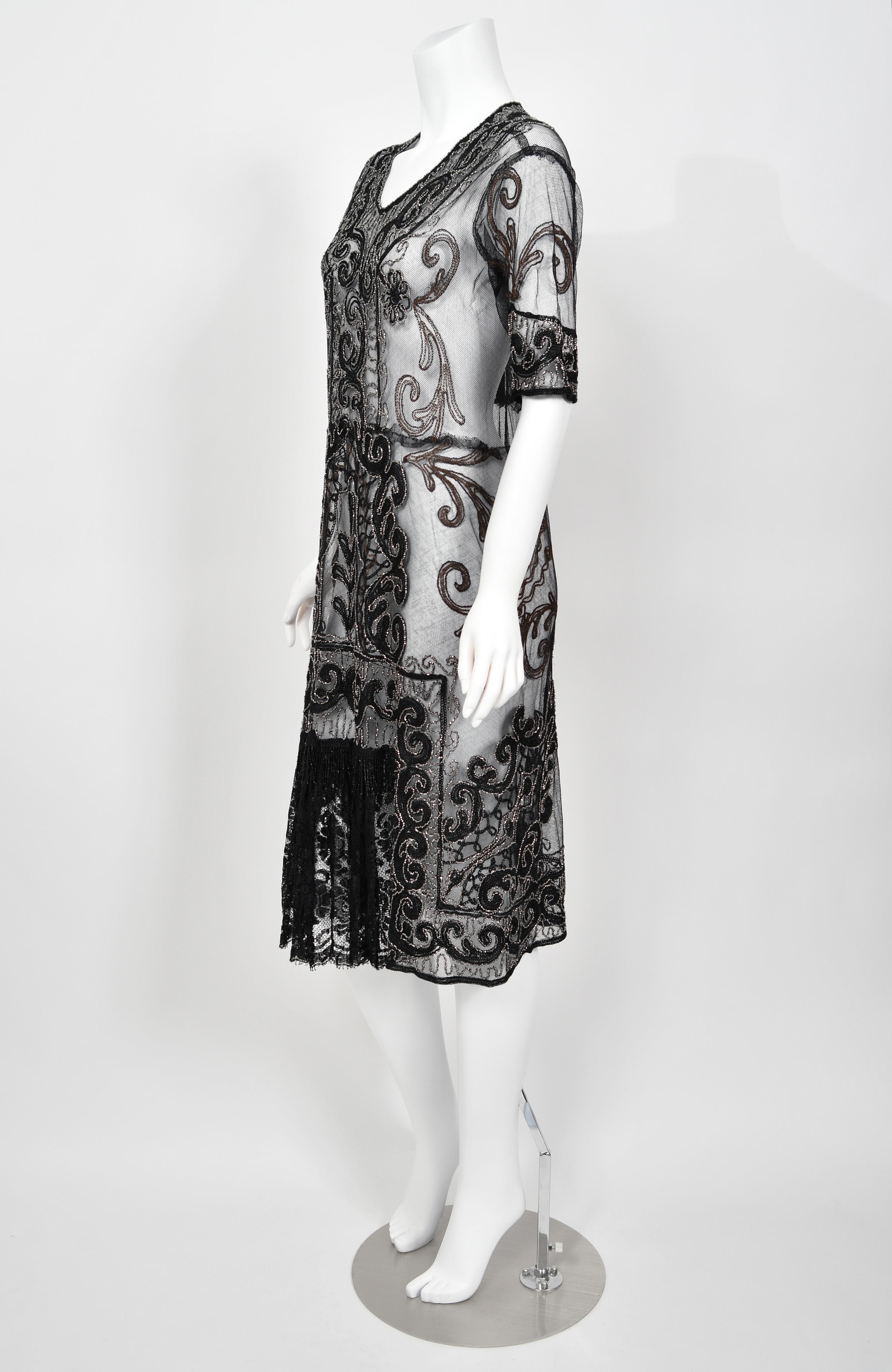 1920's Embroidered Black Sheer Mixed-Lace Beaded Art Deco Motif Flapper Dress For Sale 2
