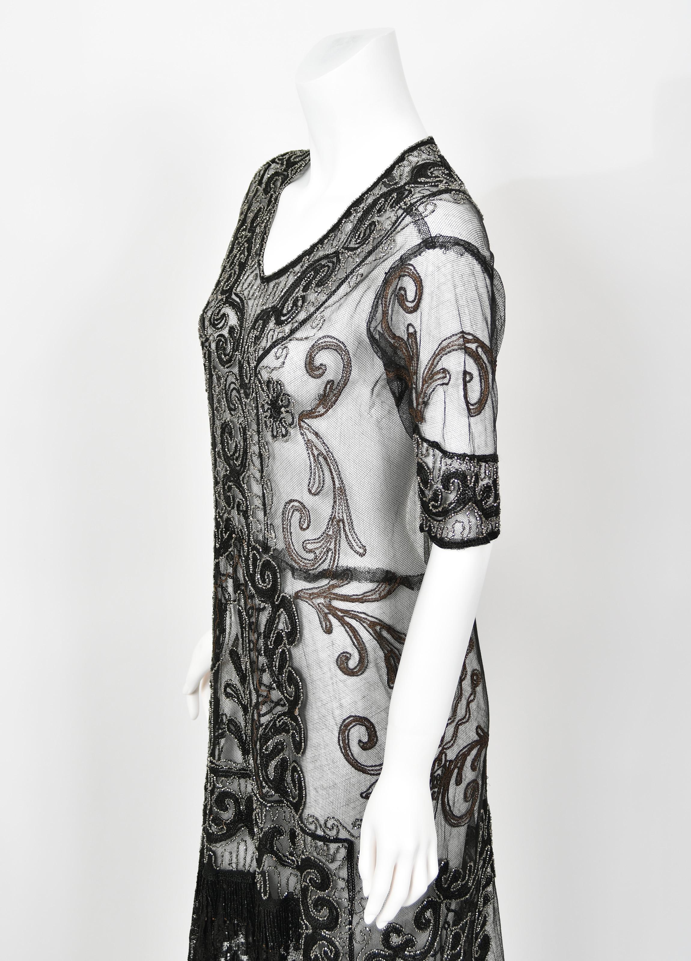 1920's Embroidered Black Sheer Mixed-Lace Beaded Art Deco Motif Flapper Dress For Sale 3