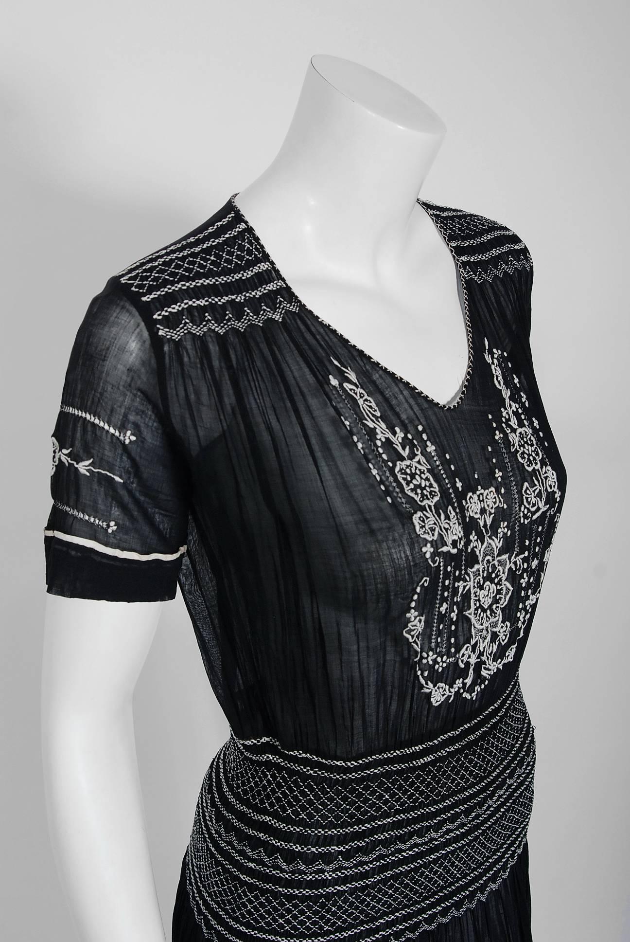 Romantic cotton dresses from the early 20th century are perennial favorites. The garment's simple unstructured style is so modern; the fine couture floral-embroidery and smocking are a treasure trove of needle art. I adore low cut top-stitched