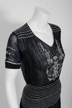 1920's Embroidered Floral Black Cotton Smocked Bohemian Peasant Dress