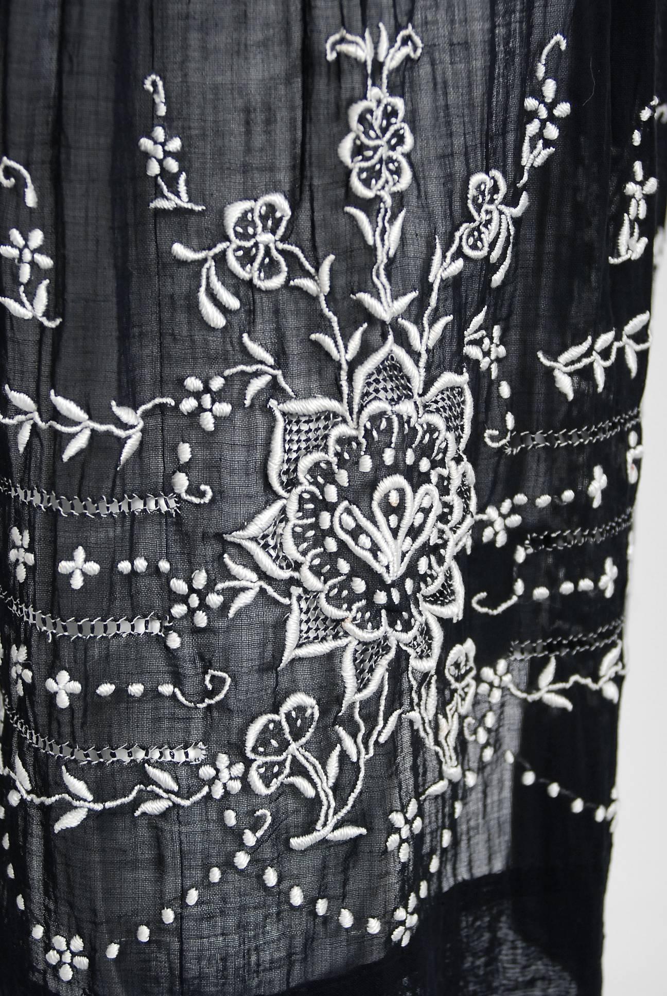 1920's Embroidered Floral Black Cotton Smocked Bohemian Peasant Dress 2