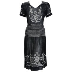 1920's Embroidered Floral Black Cotton Smocked Bohemian Peasant Dress