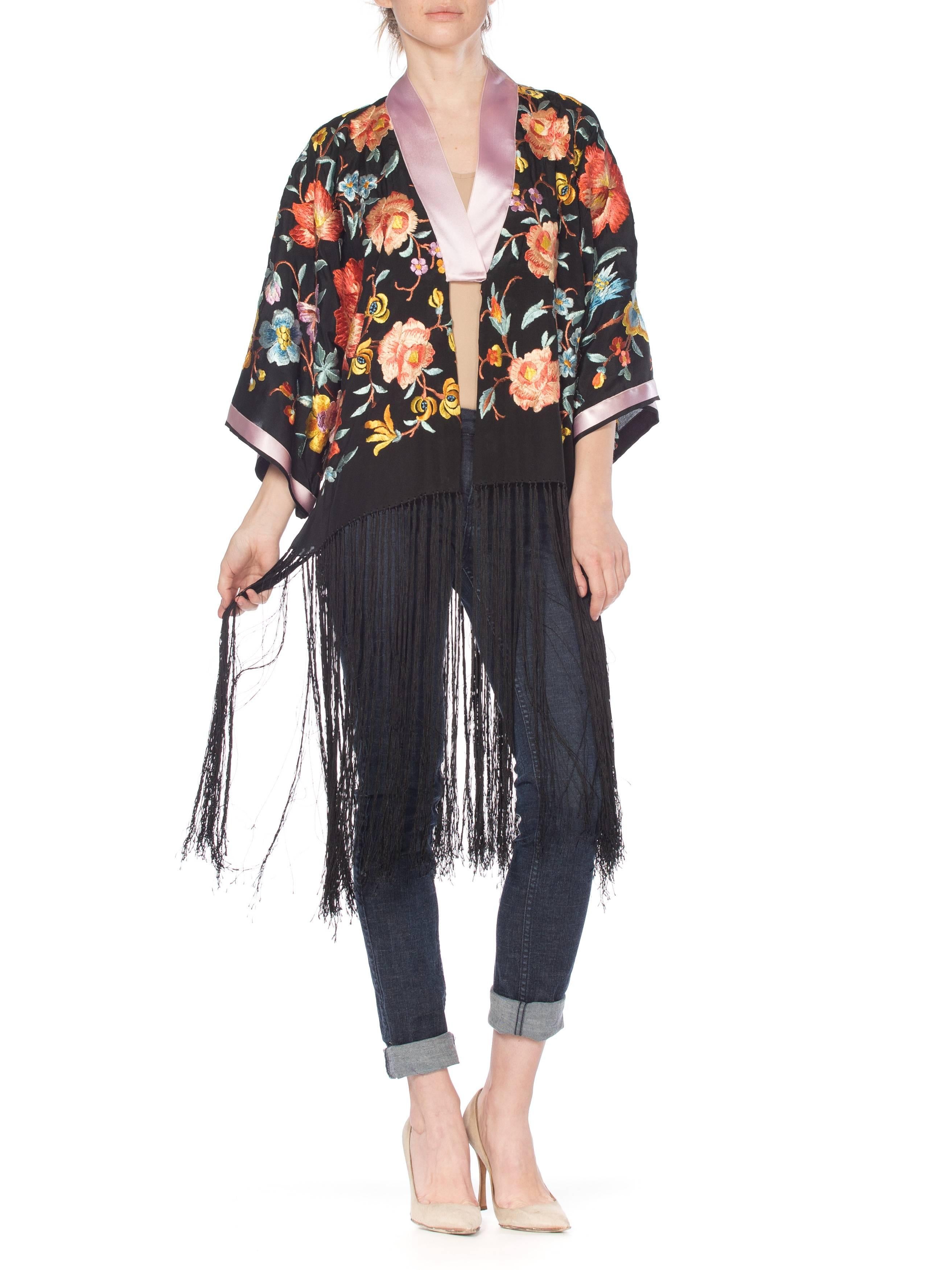 Women's or Men's 1920s Embroidered Kimono with Fringe