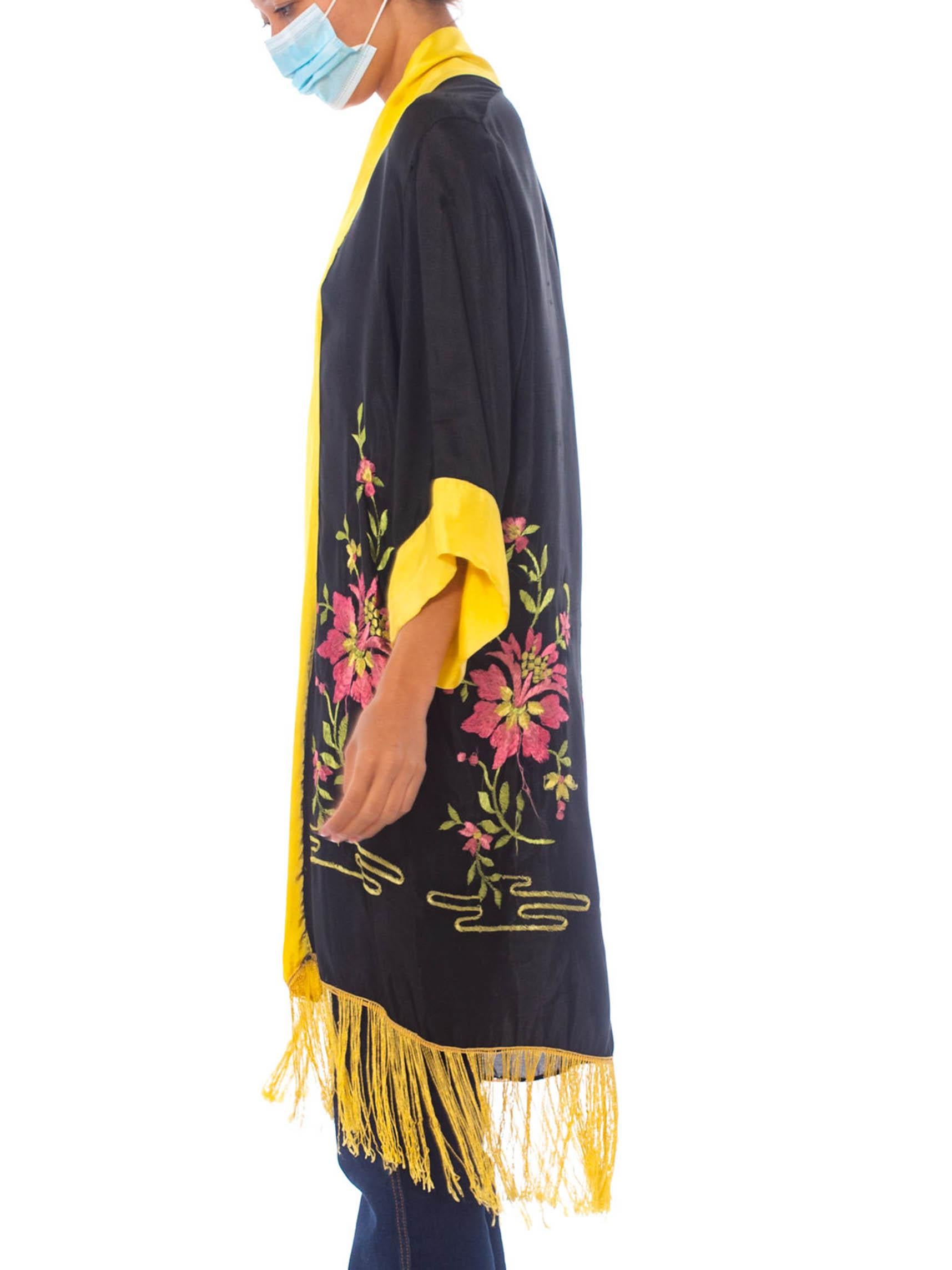 Yellow 1920S  Embroidered Rayon Kaftan Kimono For Sale