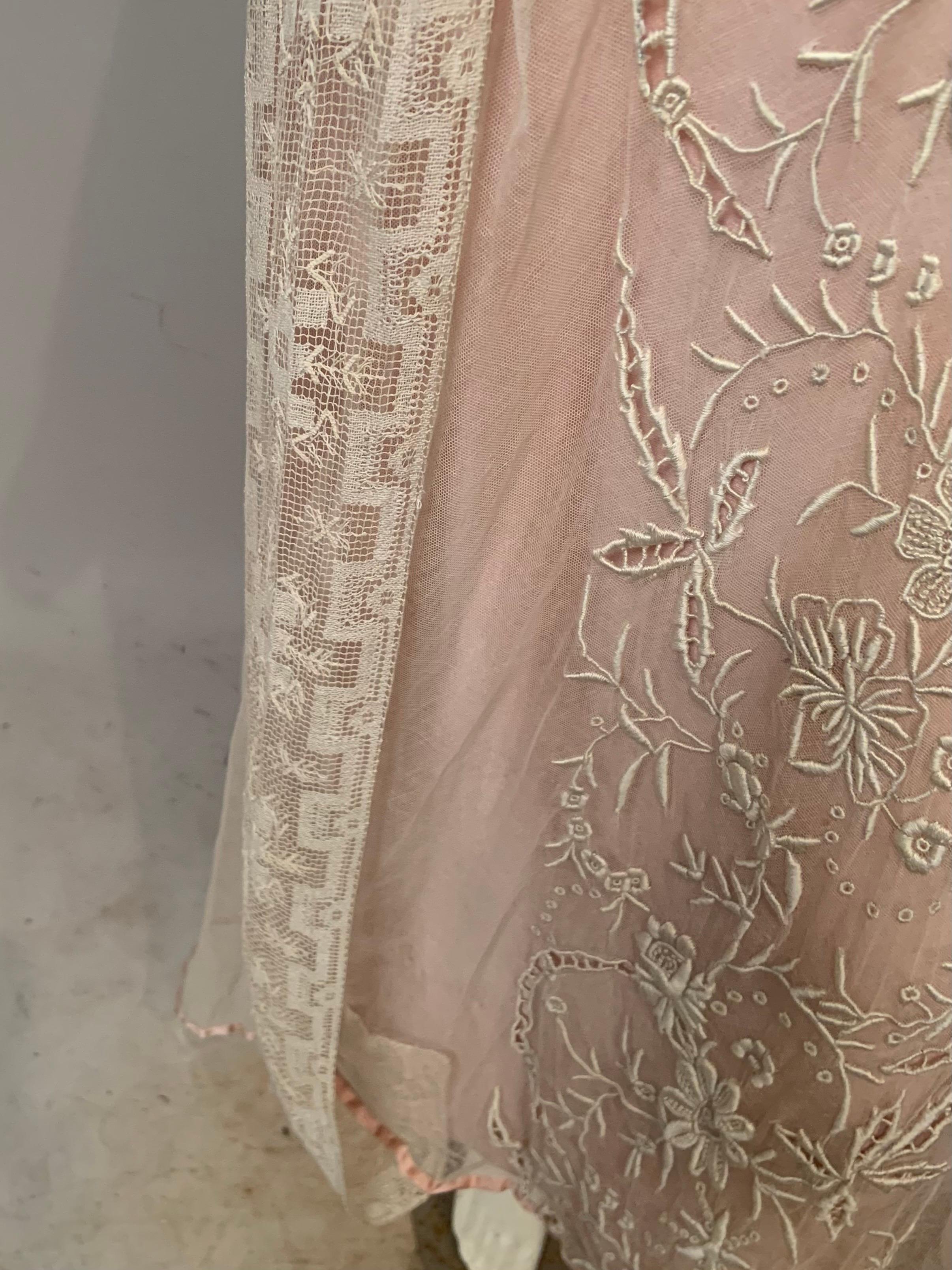 1920's Embroidered Tulle and Filet Lace Dress with Original Pink Sash and Slip For Sale 5