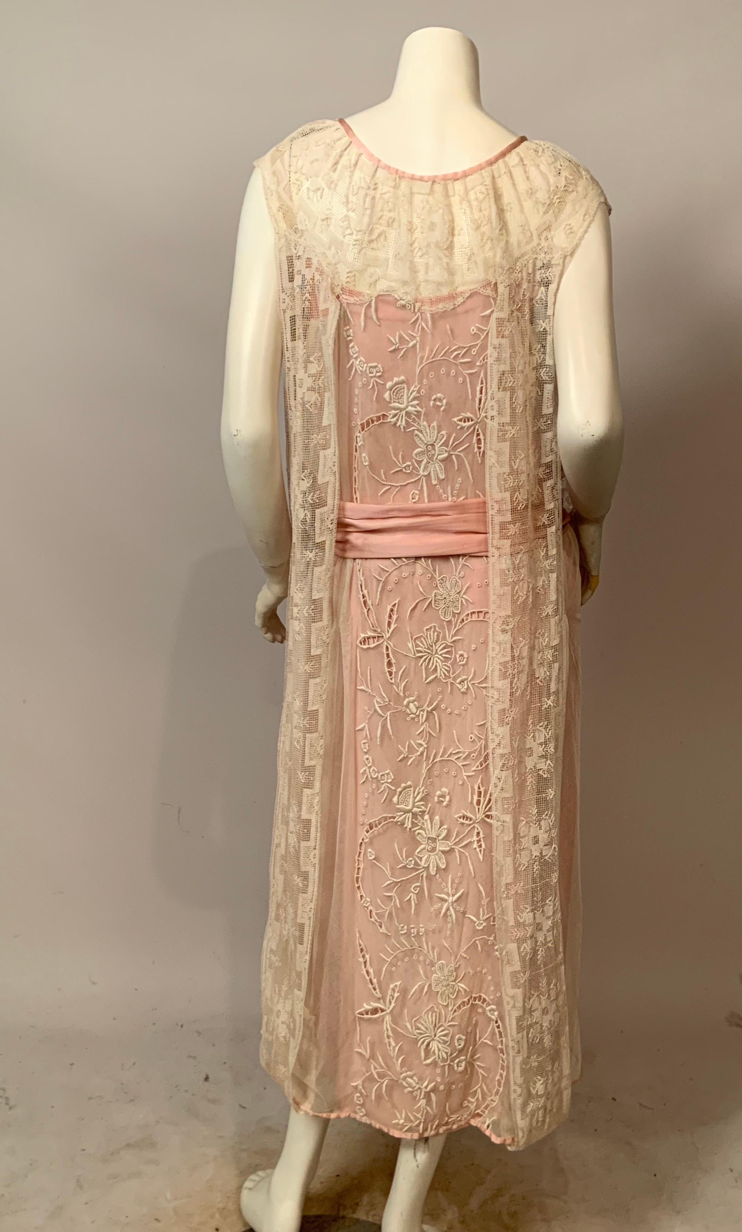 1920's Embroidered Tulle and Filet Lace Dress with Original Pink Sash and Slip For Sale 7
