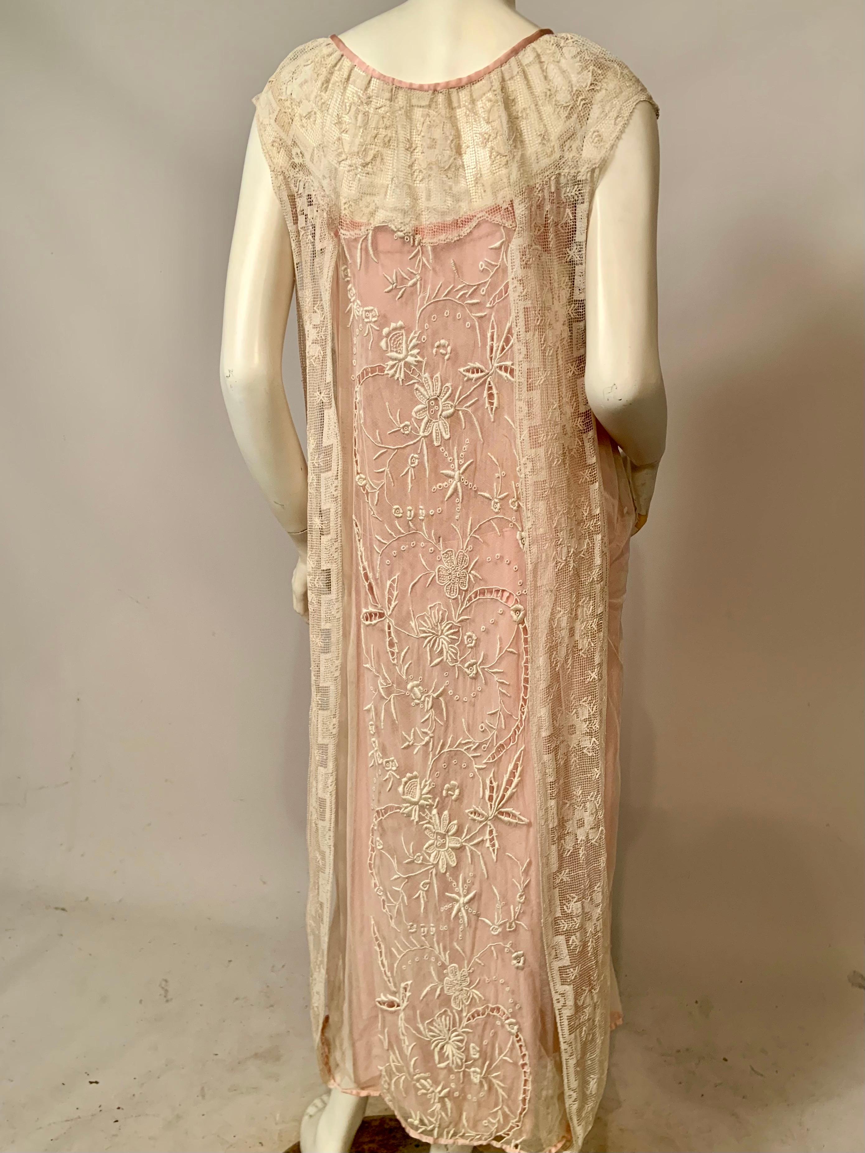 1920's Embroidered Tulle and Filet Lace Dress with Original Pink Sash and Slip For Sale 8