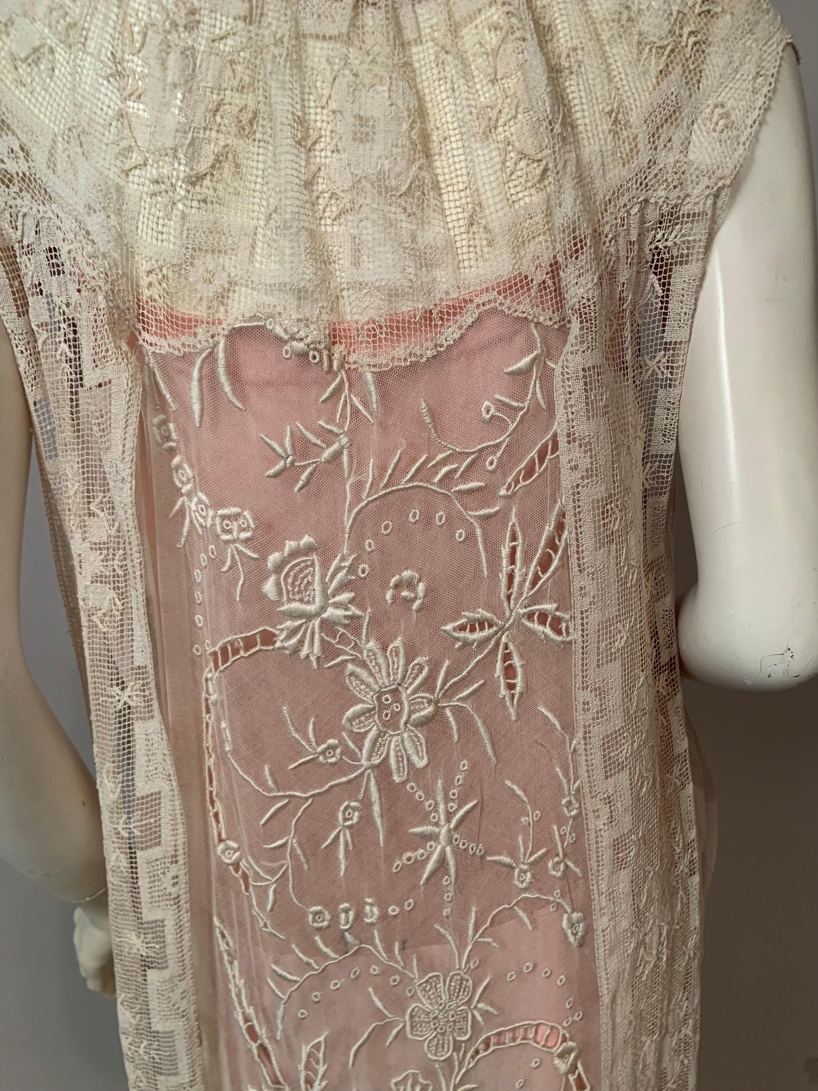 1920's Embroidered Tulle and Filet Lace Dress with Original Pink Sash and Slip For Sale 9