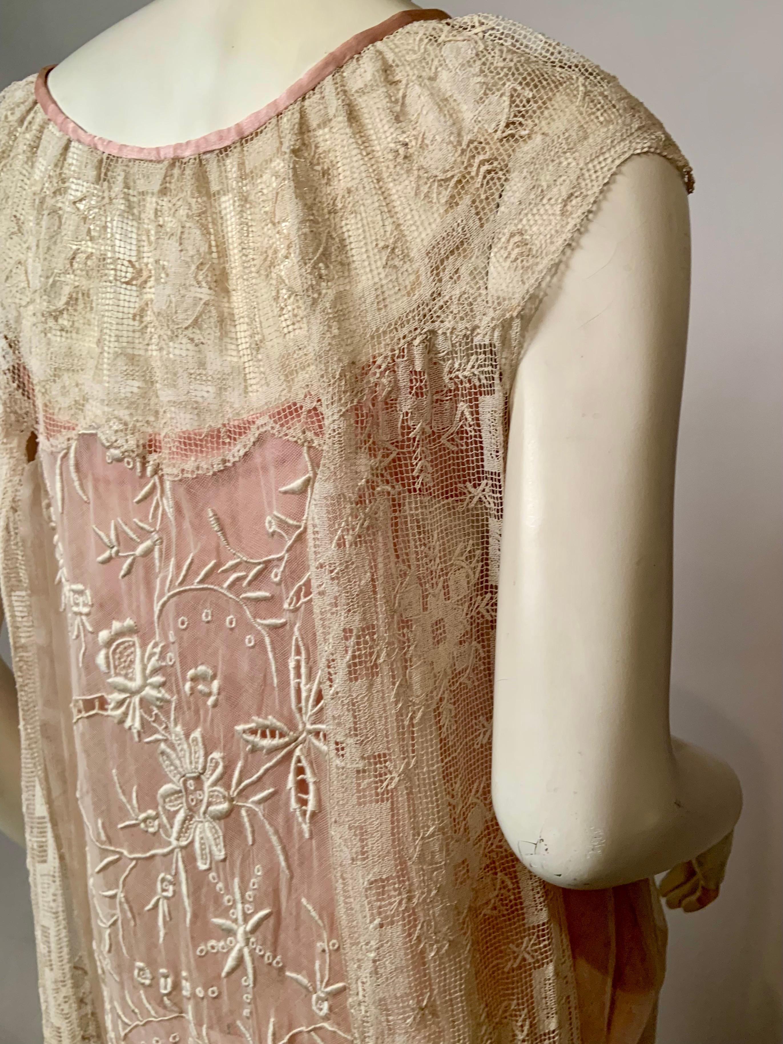 1920's Embroidered Tulle and Filet Lace Dress with Original Pink Sash and Slip For Sale 10