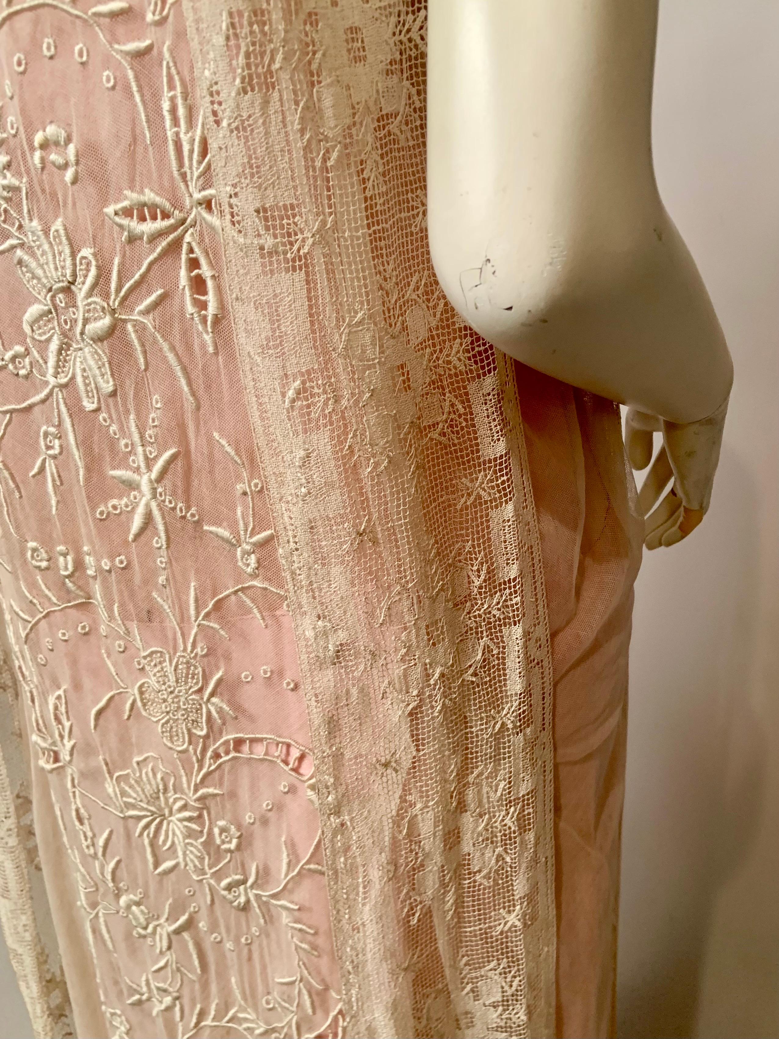 1920's Embroidered Tulle and Filet Lace Dress with Original Pink Sash and Slip For Sale 11