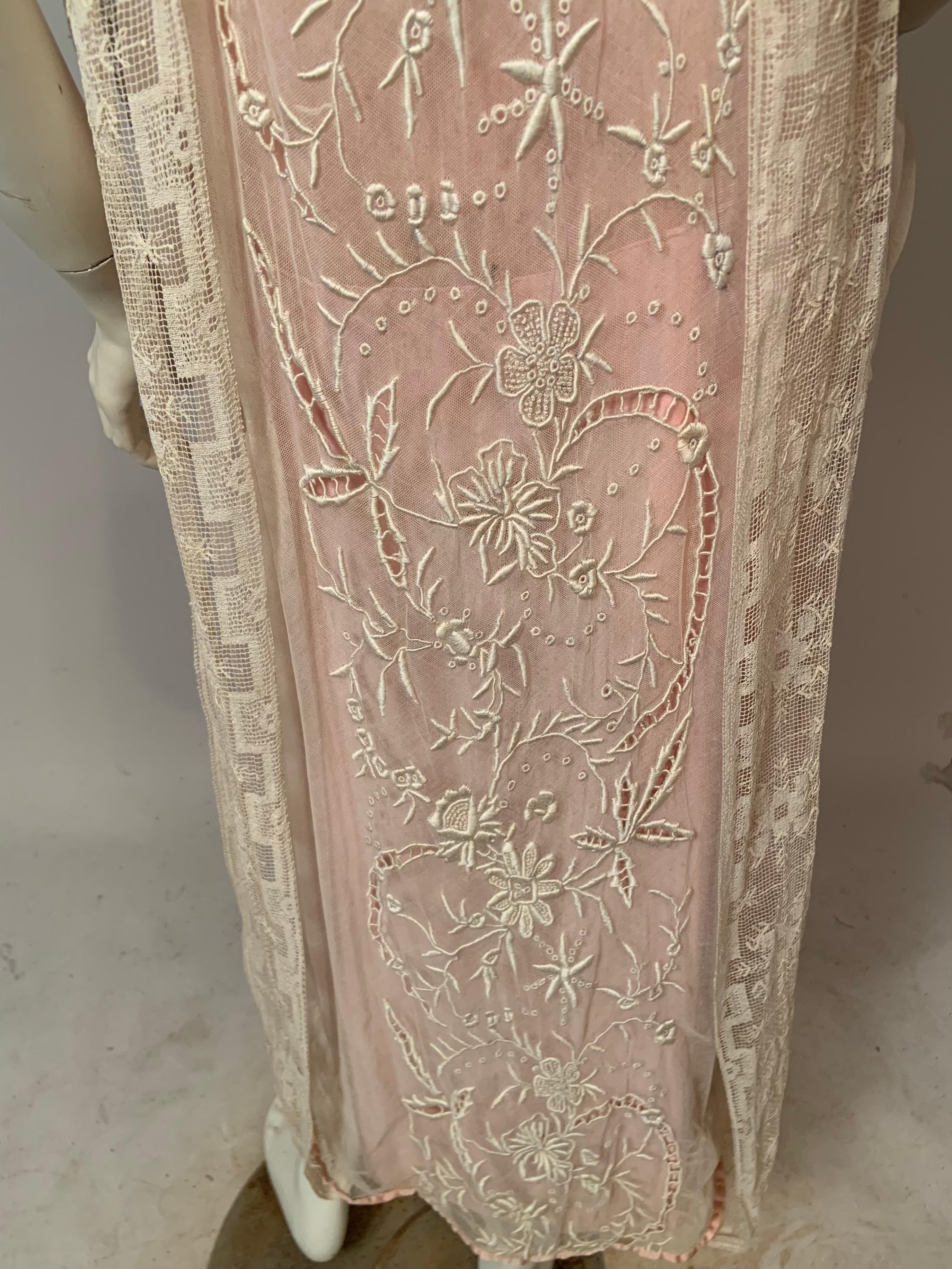1920's Embroidered Tulle and Filet Lace Dress with Original Pink Sash and Slip For Sale 12