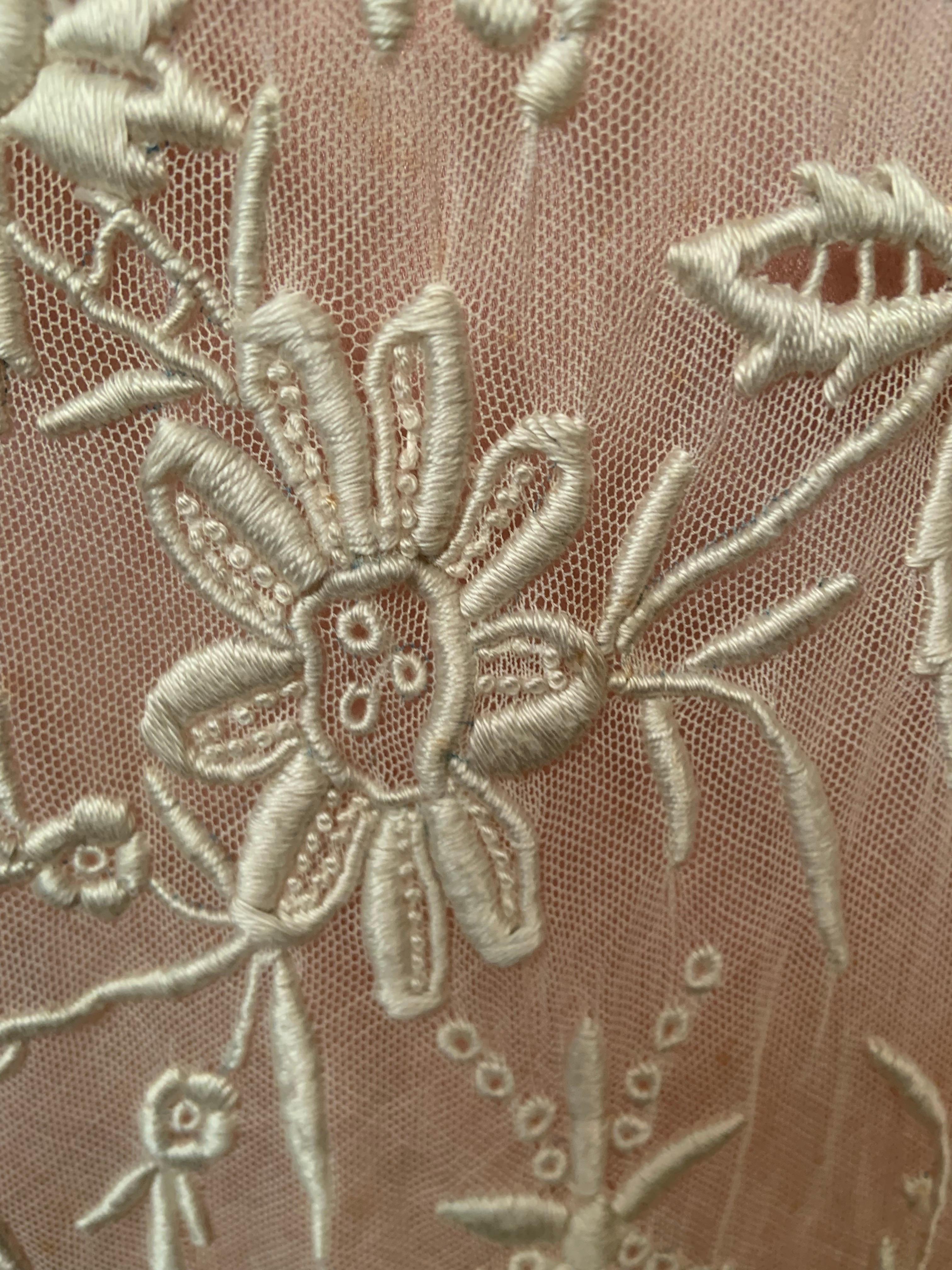 1920's Embroidered Tulle and Filet Lace Dress with Original Pink Sash and Slip For Sale 13
