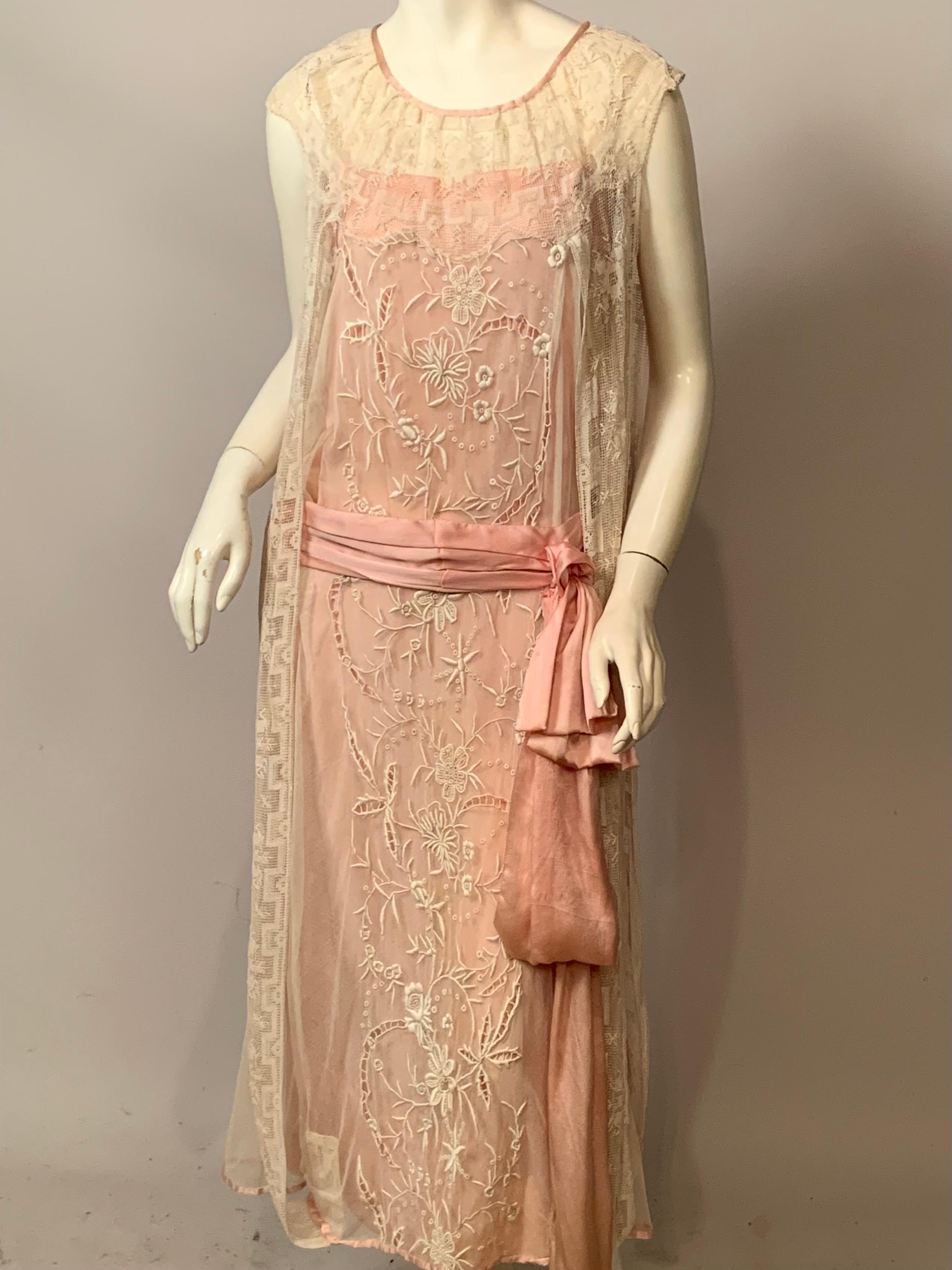 1920's Embroidered Tulle and Filet Lace Dress with Original Pink Sash and Slip For Sale 14