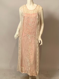 1920's Embroidered Tulle and Filet Lace Dress with Original Pink Sash and Slip
