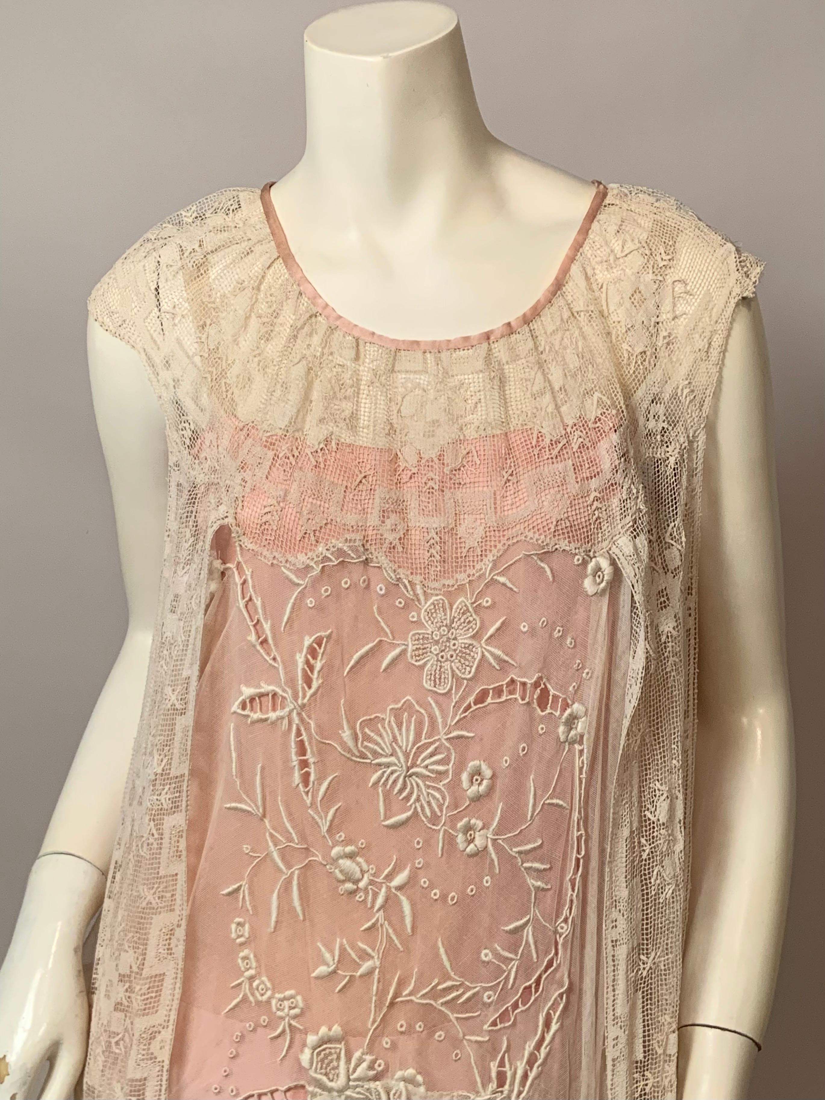 Beige 1920's Embroidered Tulle and Filet Lace Dress with Original Pink Sash and Slip For Sale