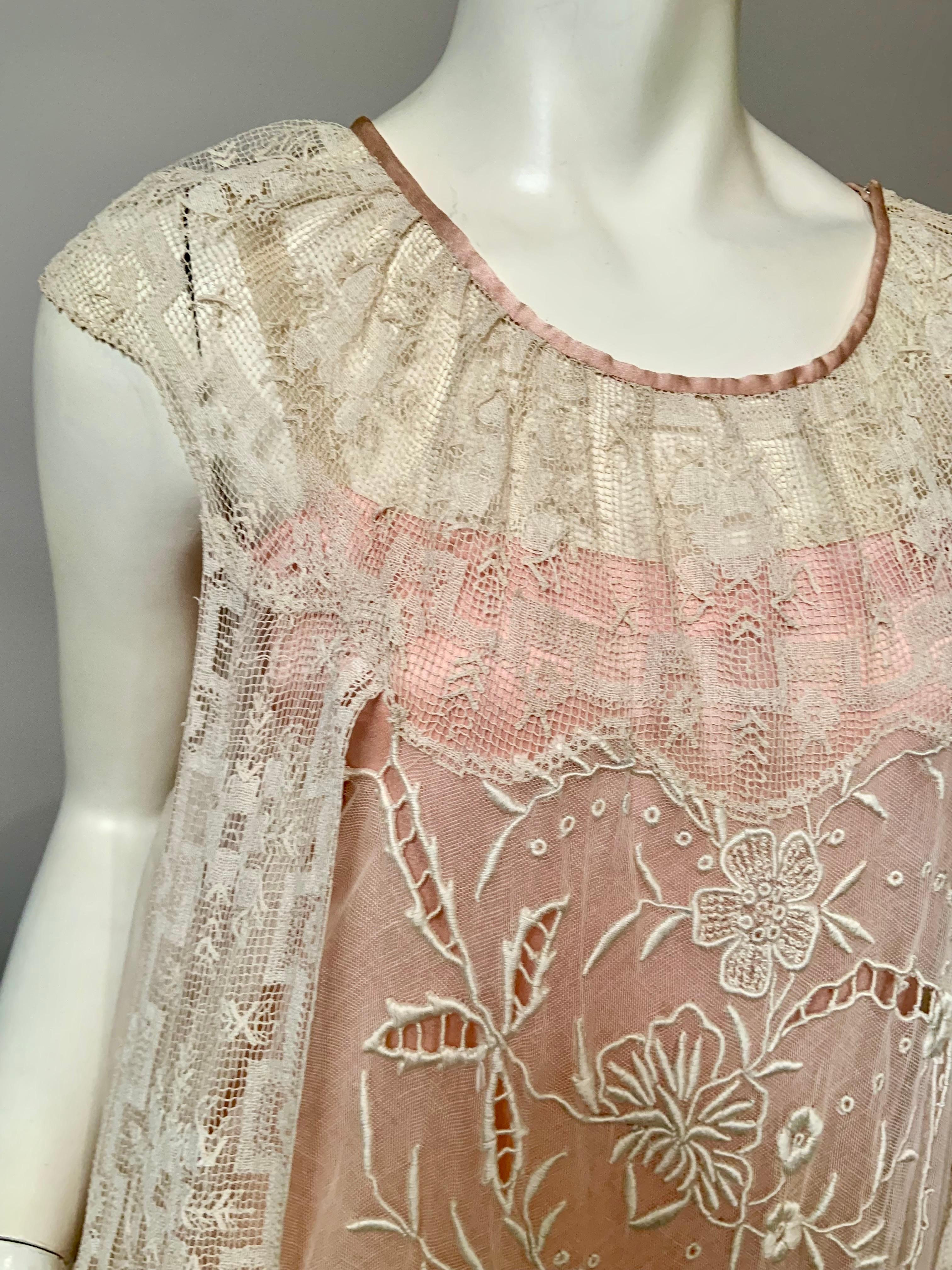 1920's Embroidered Tulle and Filet Lace Dress with Original Pink Sash and Slip In Excellent Condition For Sale In New Hope, PA