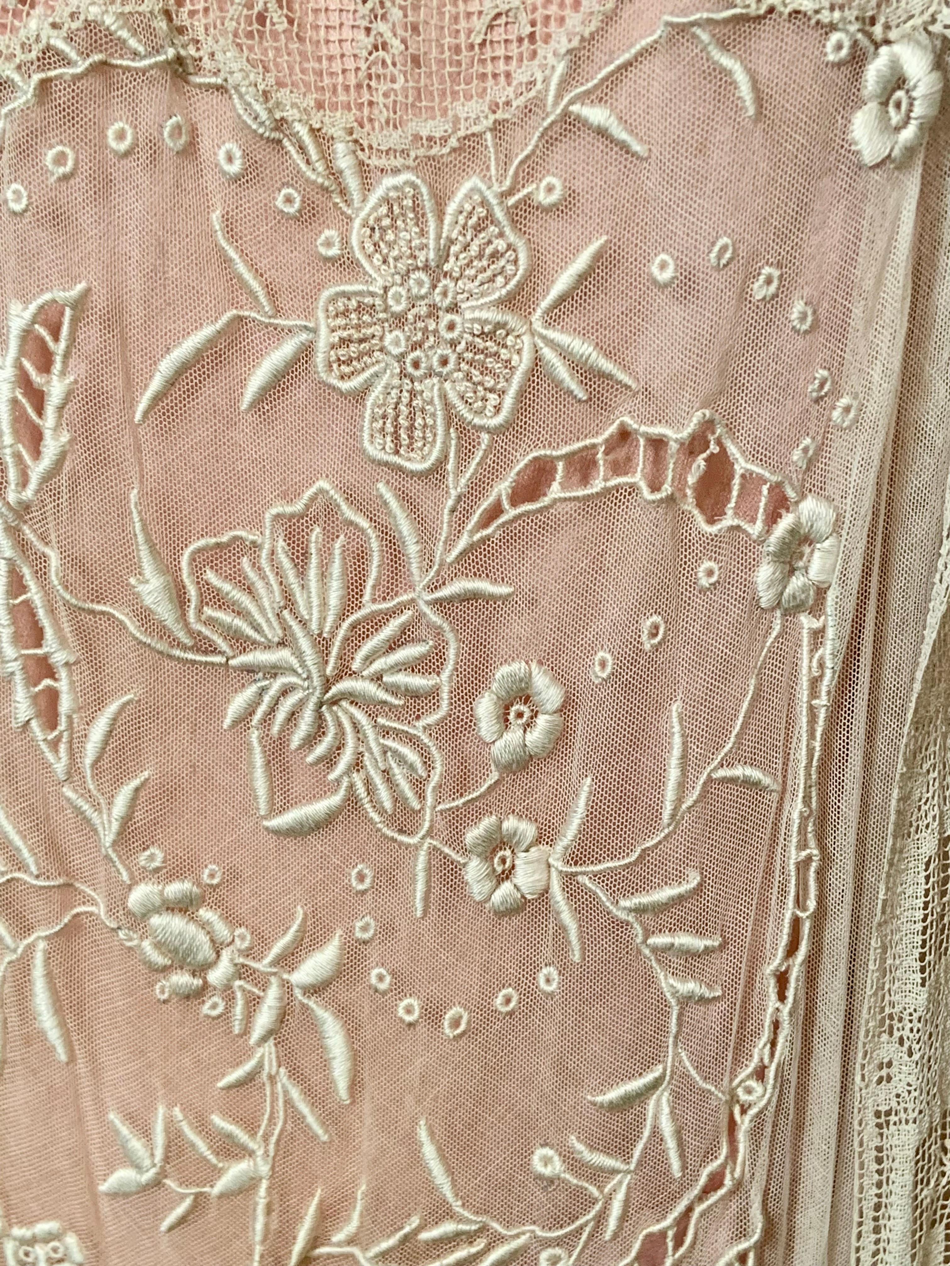 Women's 1920's Embroidered Tulle and Filet Lace Dress with Original Pink Sash and Slip For Sale