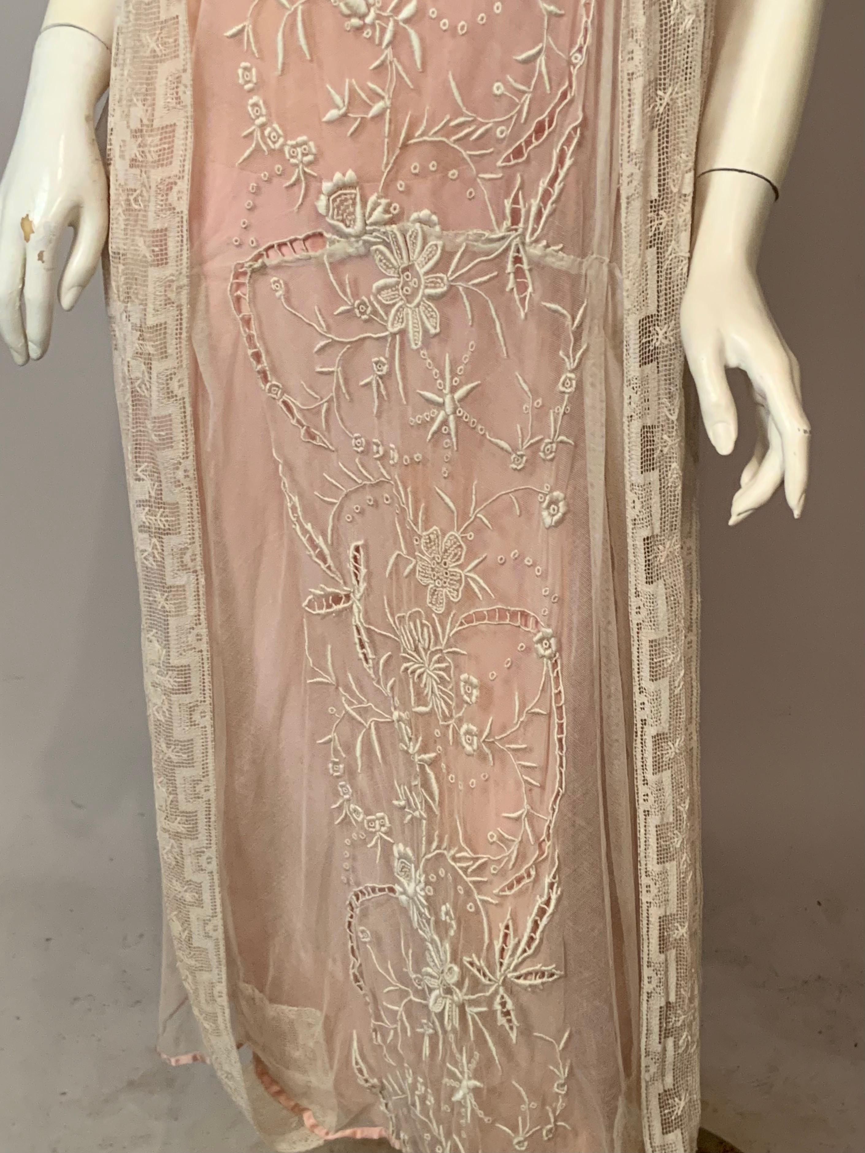 1920's Embroidered Tulle and Filet Lace Dress with Original Pink Sash and Slip For Sale 2