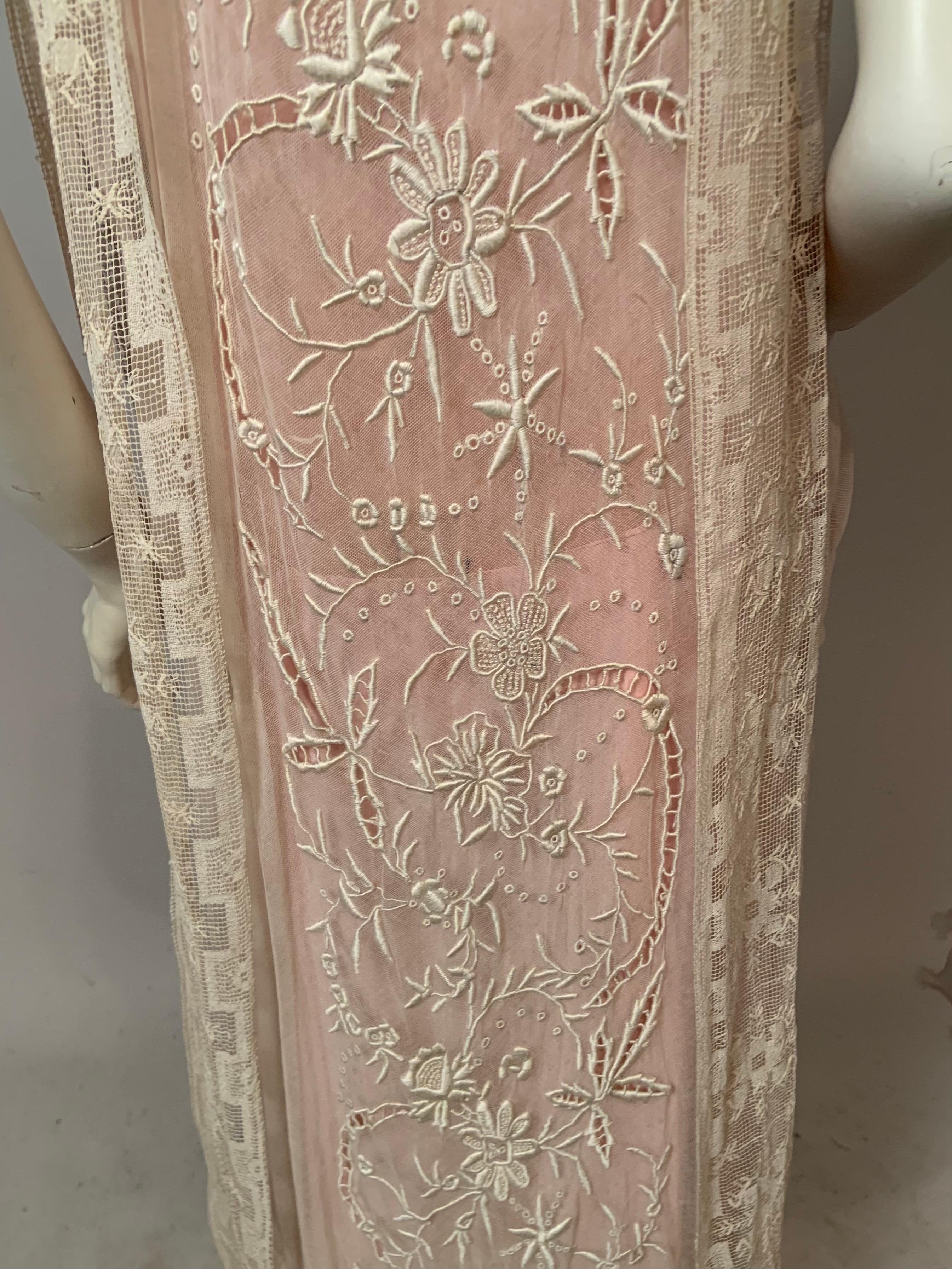 1920's Embroidered Tulle and Filet Lace Dress with Original Pink Sash and Slip For Sale 3