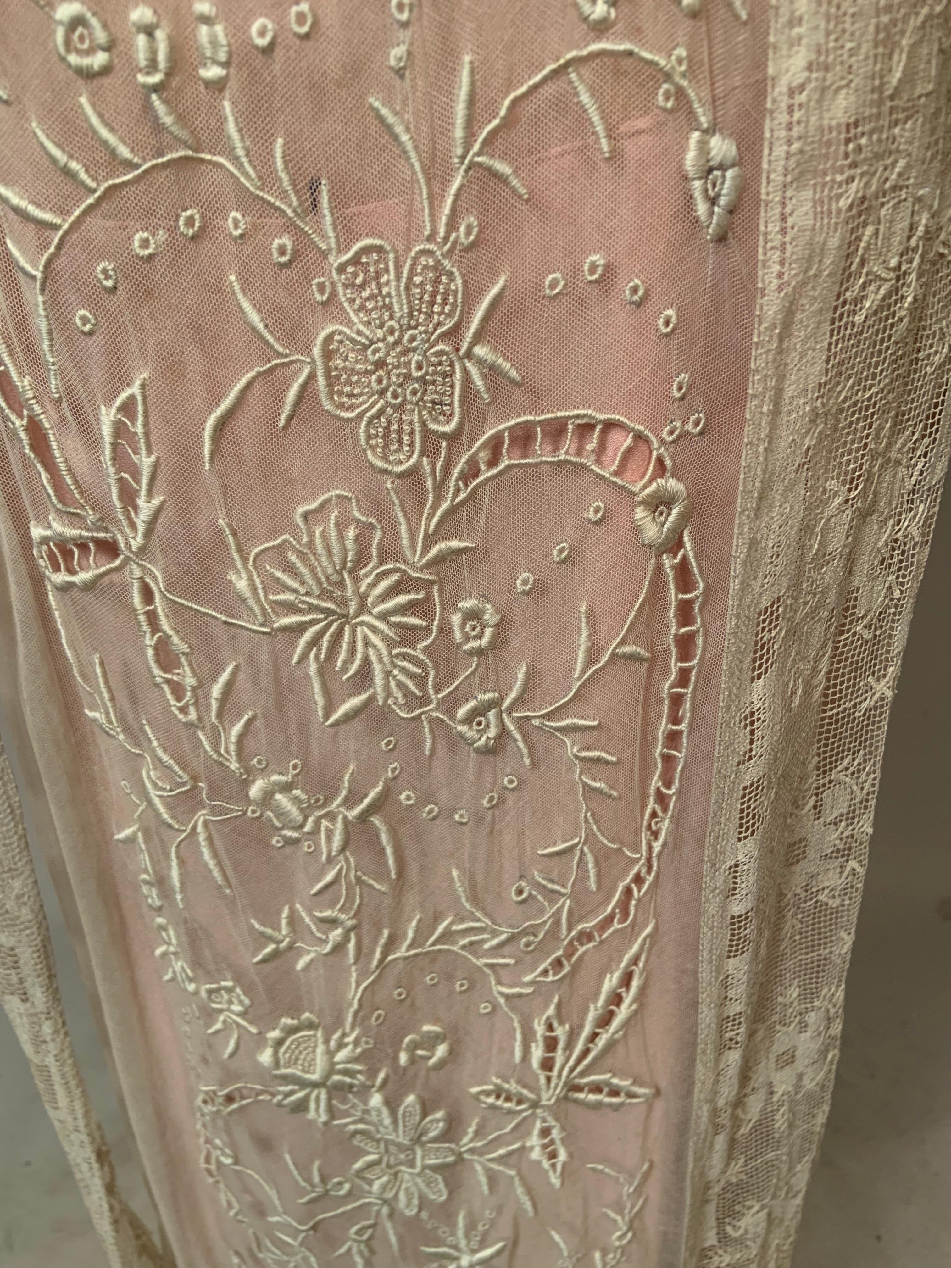 1920's Embroidered Tulle and Filet Lace Dress with Original Pink Sash and Slip For Sale 4