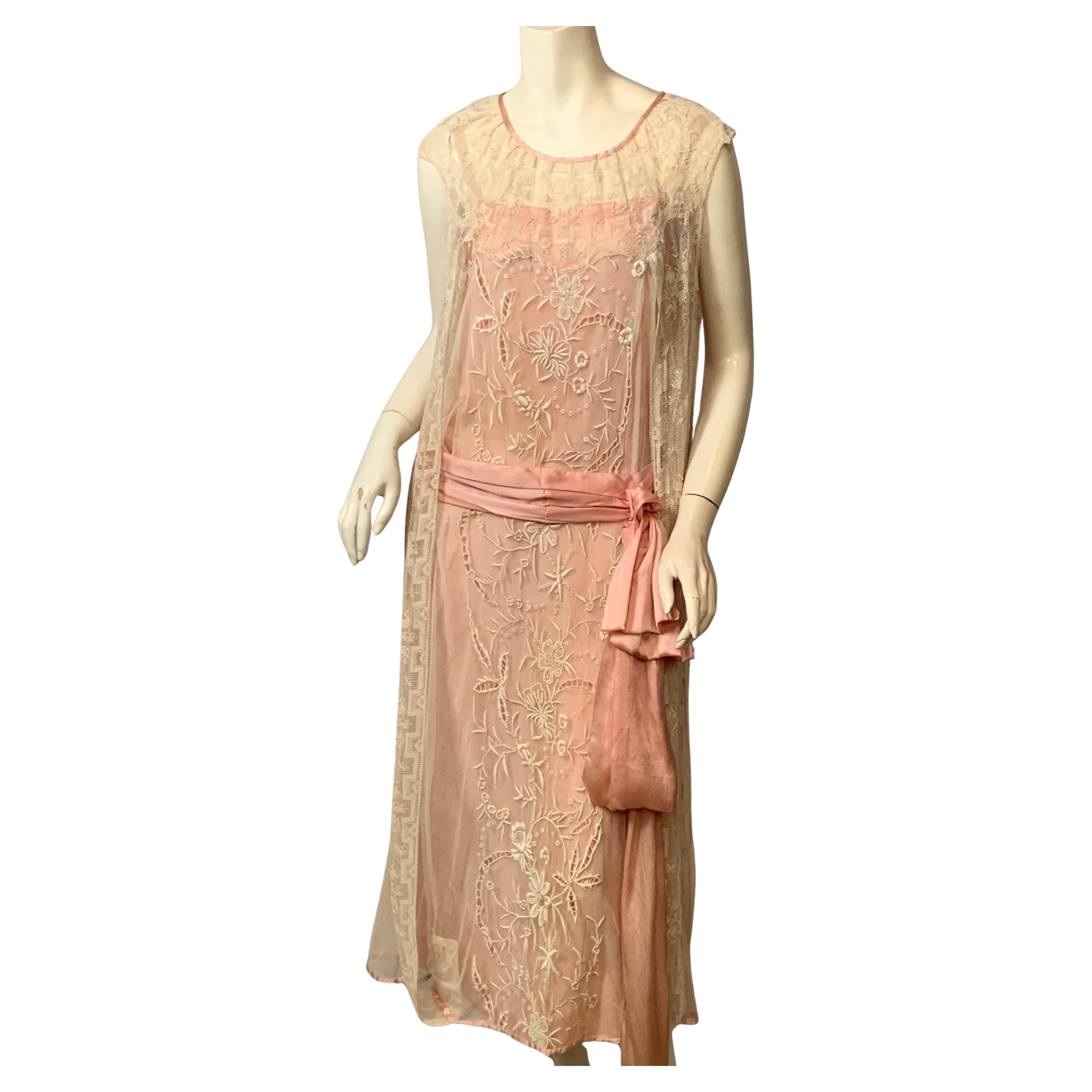 1920's Embroidered Tulle and Filet Lace Dress with Original Pink Sash and Slip For Sale